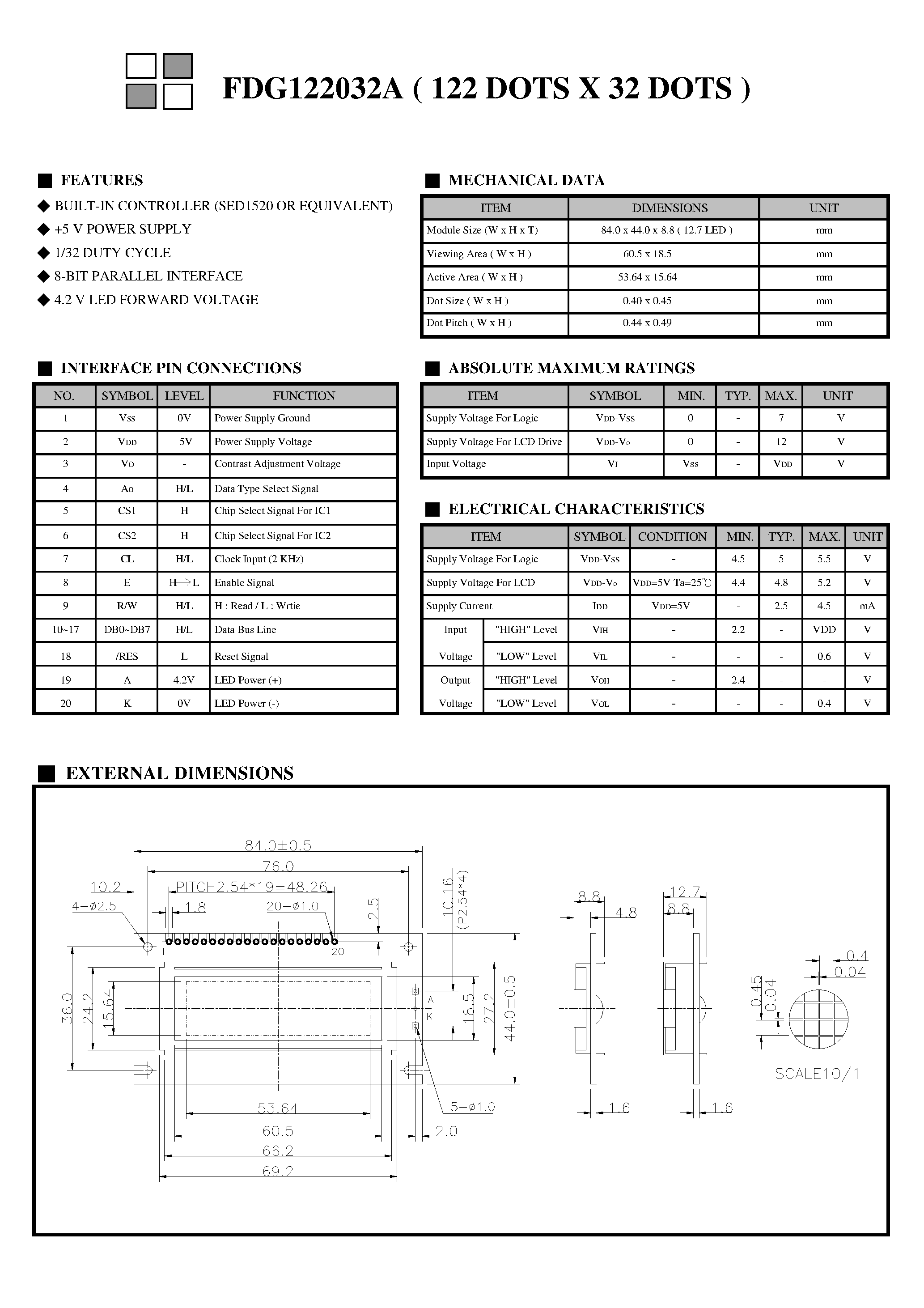 Даташит FDG122032A - Monochrome Lcd Module страница 2