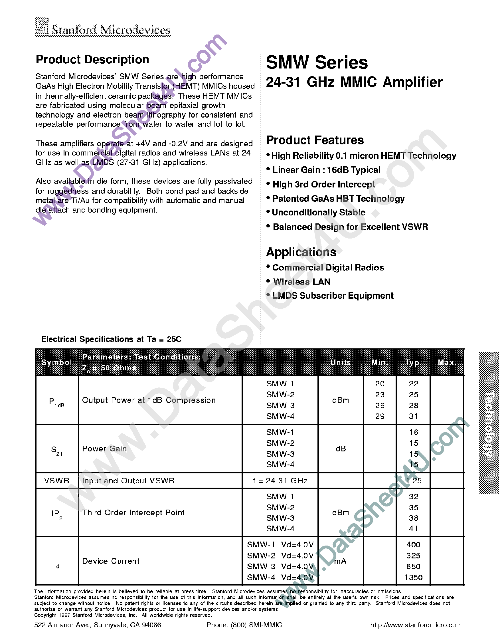 Даташит SMW-1 - (SMW-1 - SMW-4) MMIC Amplifier страница 1