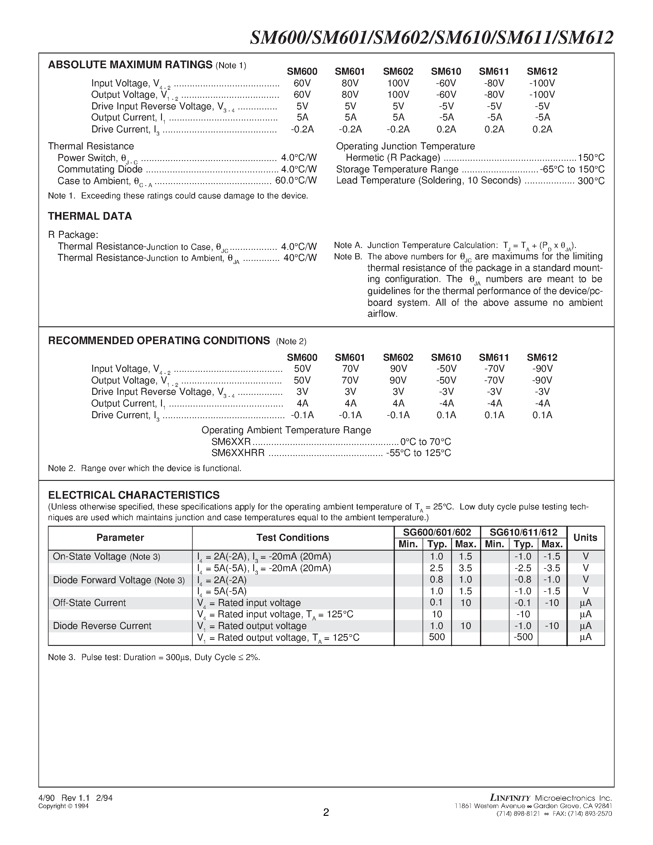 Datasheet SM600 - (SM600 - SM612) SWITCHING REGULATOR POWER OUTPUT STAGES page 2