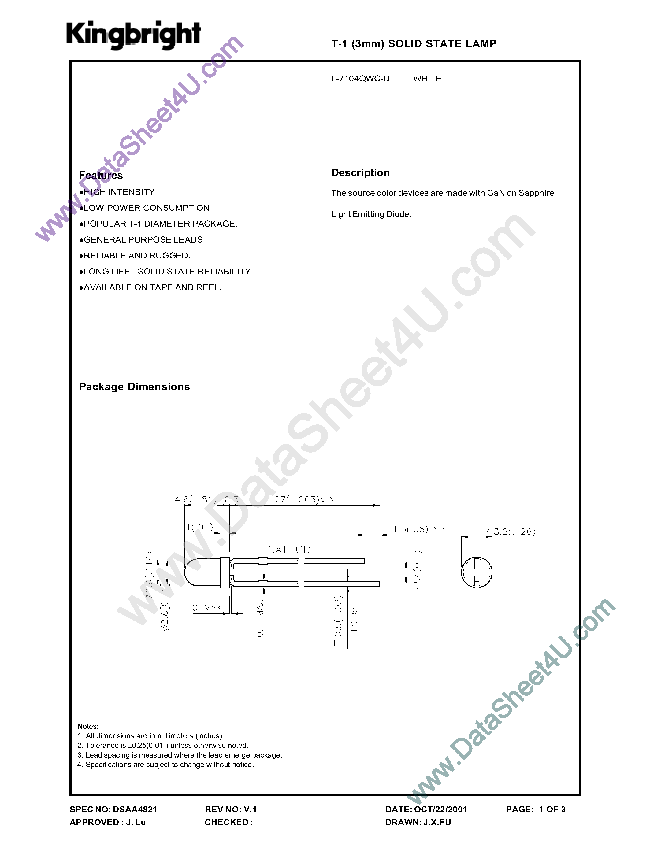 Datasheet L-7104QWC-D - Solid State Lamp page 1