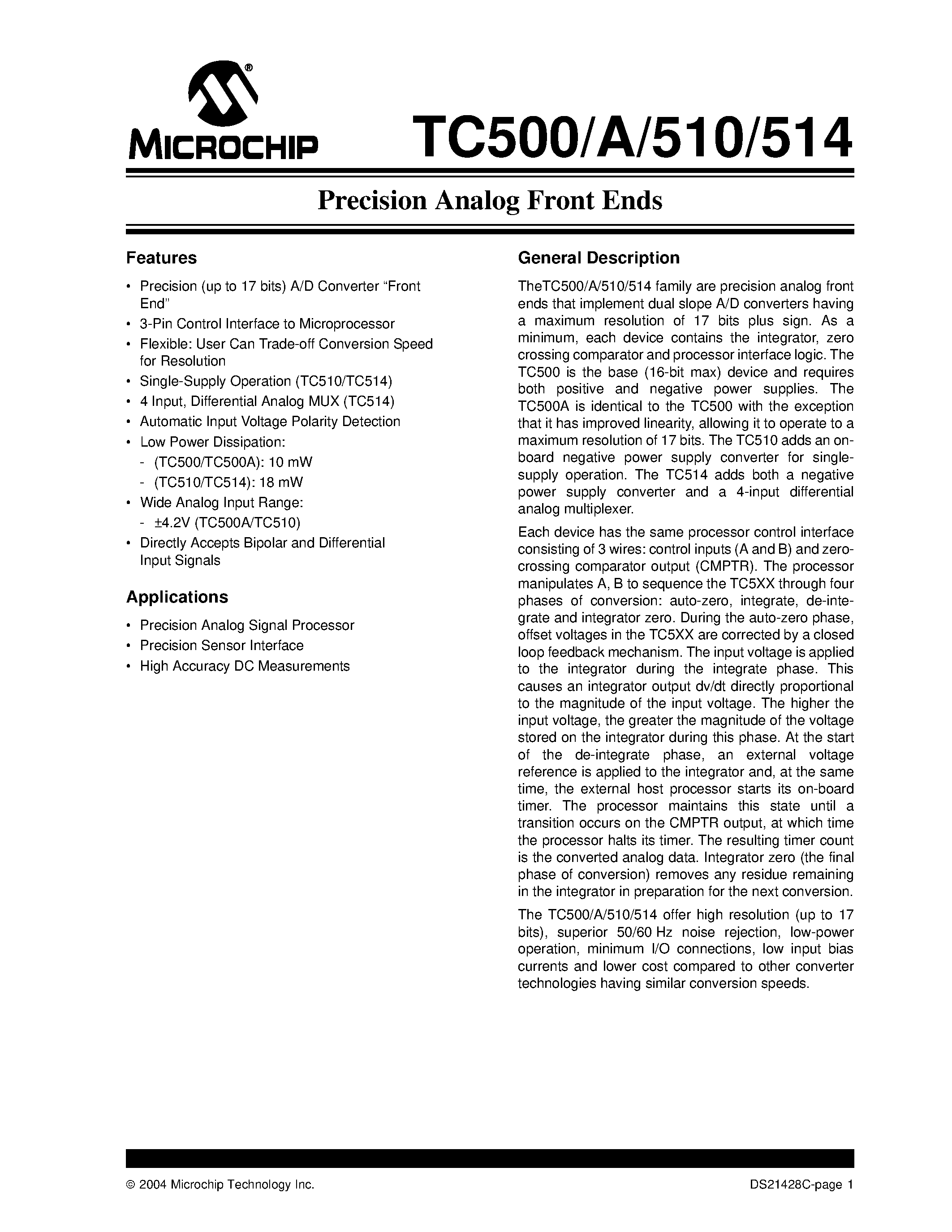 Даташит TC500 - (TC500 - TC514) Precision Analog Front Ends страница 1
