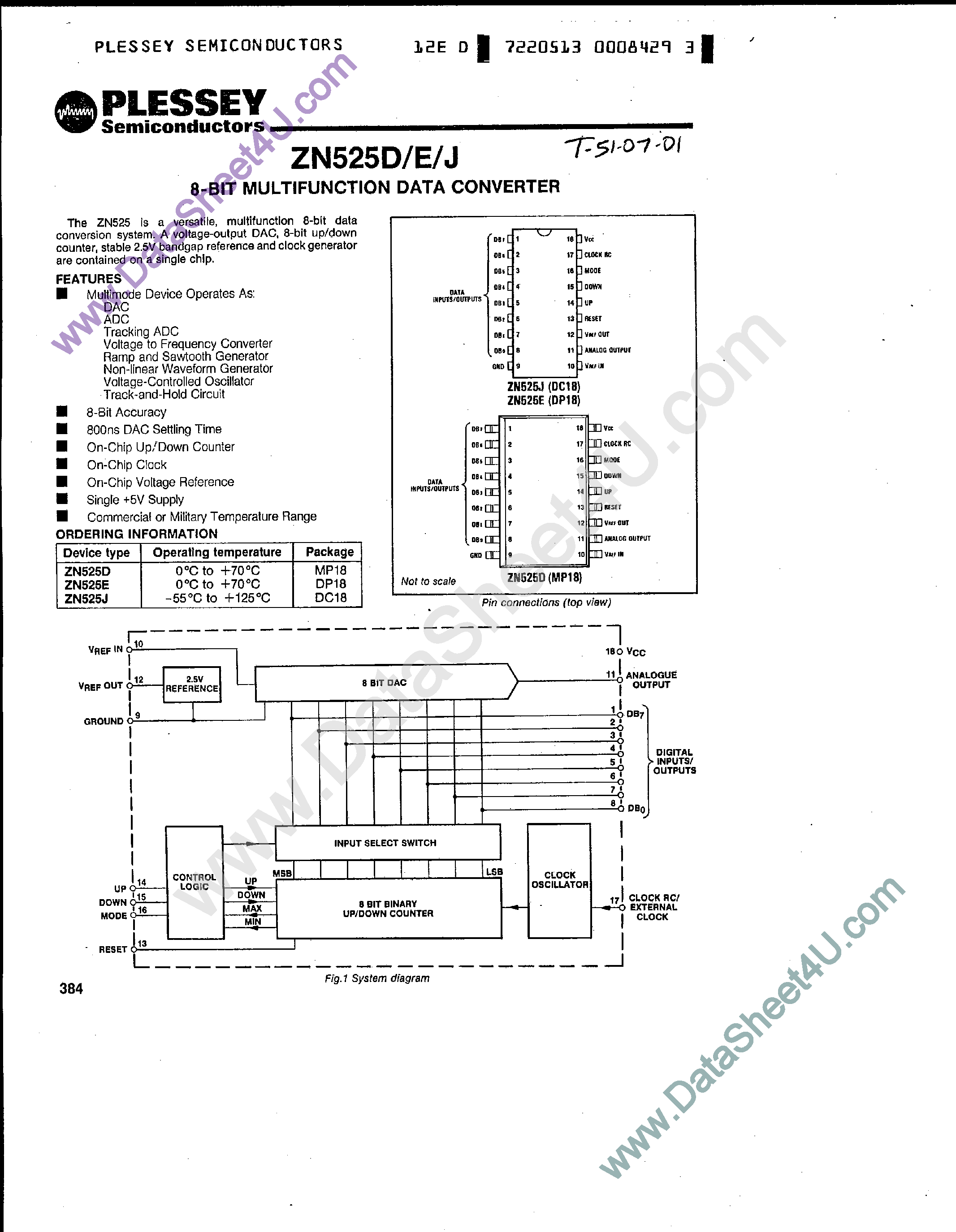 Даташит ZN525D - (ZN525x) 8-BIT MULTIFUNCTION DATA CONVERTER страница 1