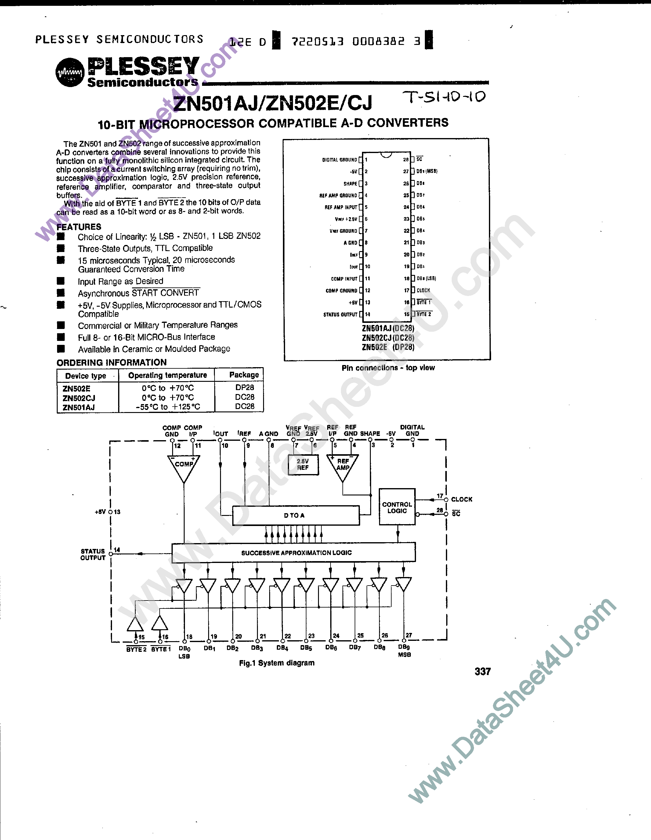 Даташит ZN501AJ - (ZN501AJ / ZN502E/CJ) 10-Bit Microprocessor Compatible A-D Converters страница 1