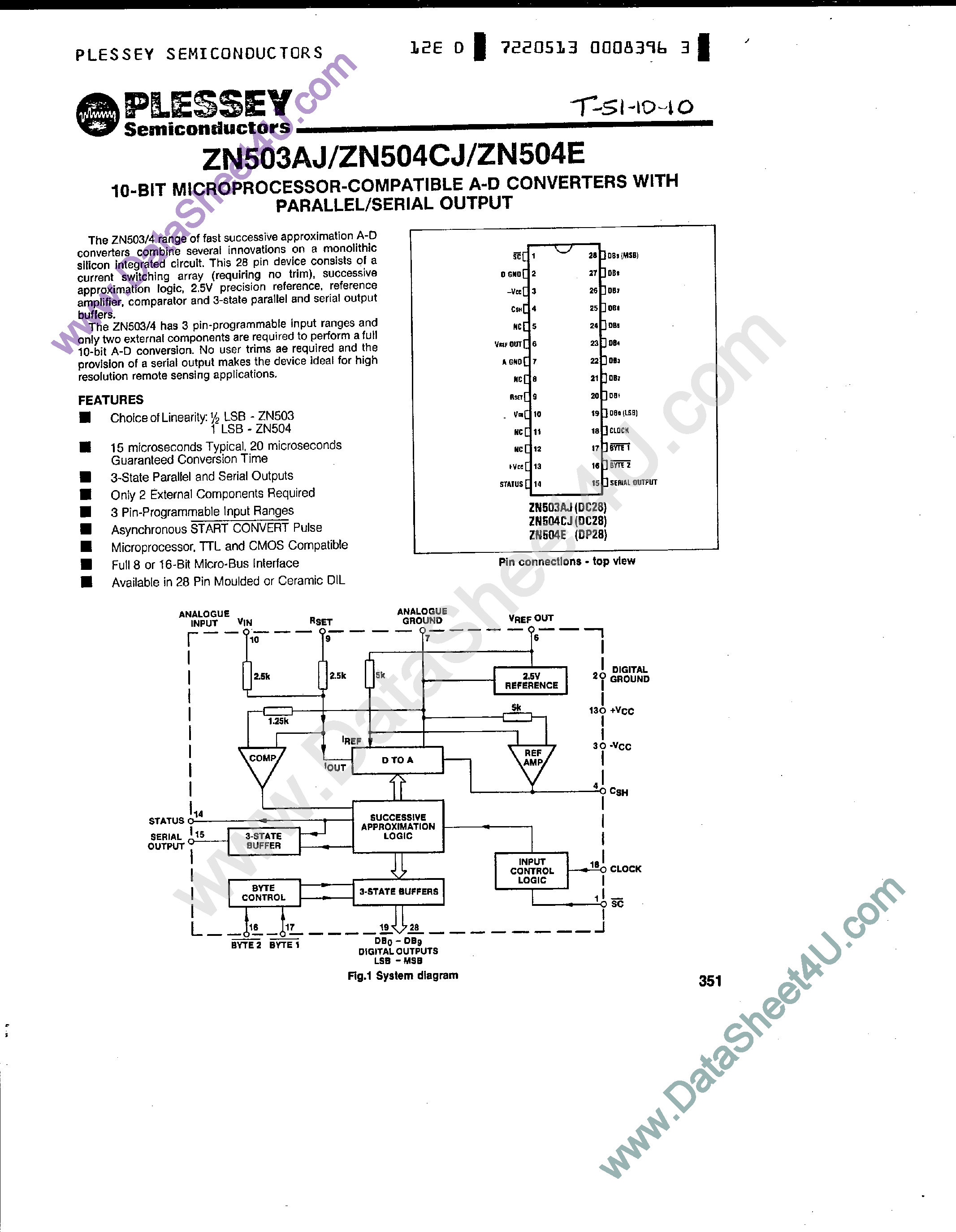 Datasheet ZN503AJ - (ZN503AJ / ZN504CJ/E) 10-Bit Microprocessor Compatible A-D Converters page 1