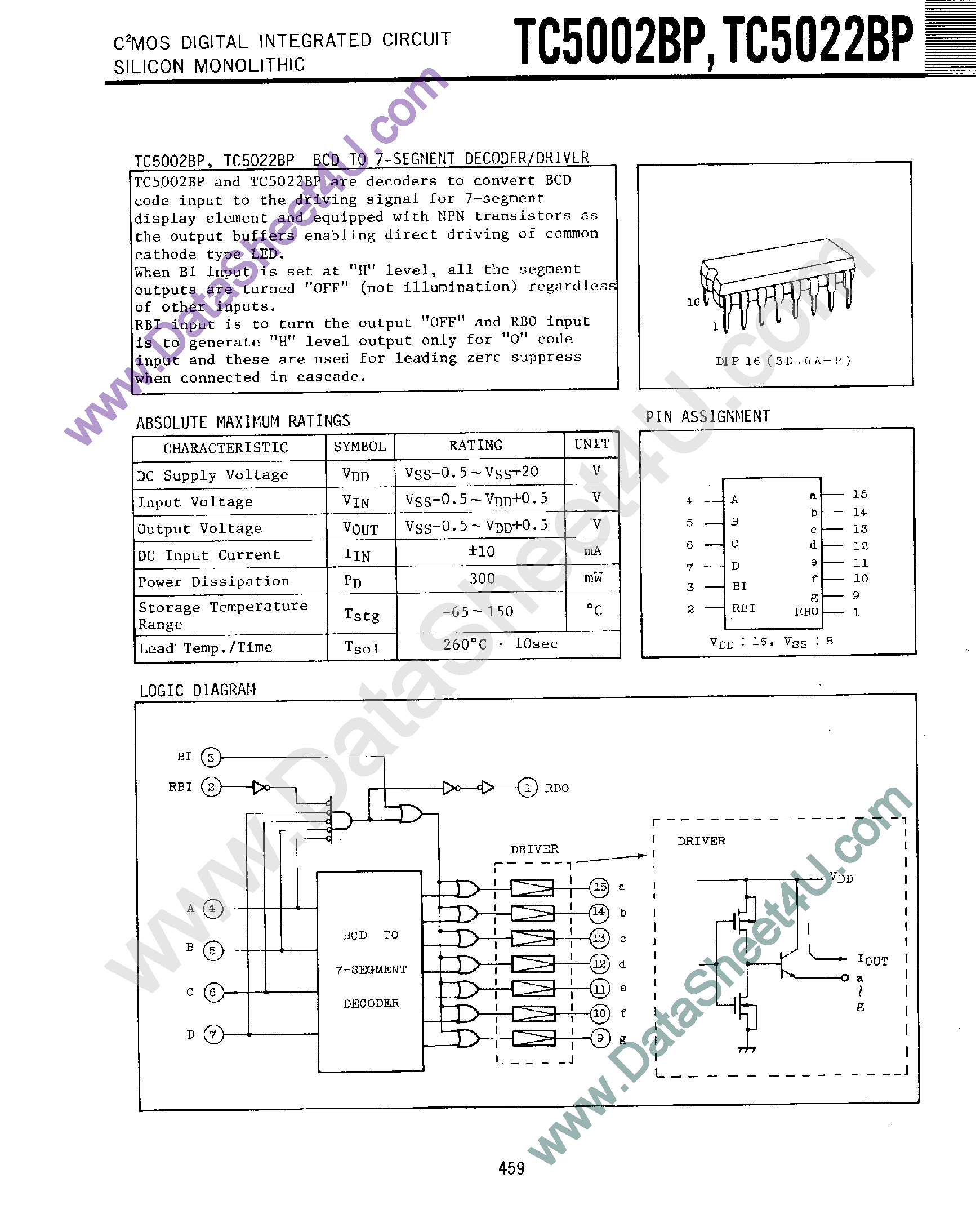 Даташит TC5002BP - (TC5002BP / TC5022BP) BCD to 7-Segment Decoder / Driver страница 1
