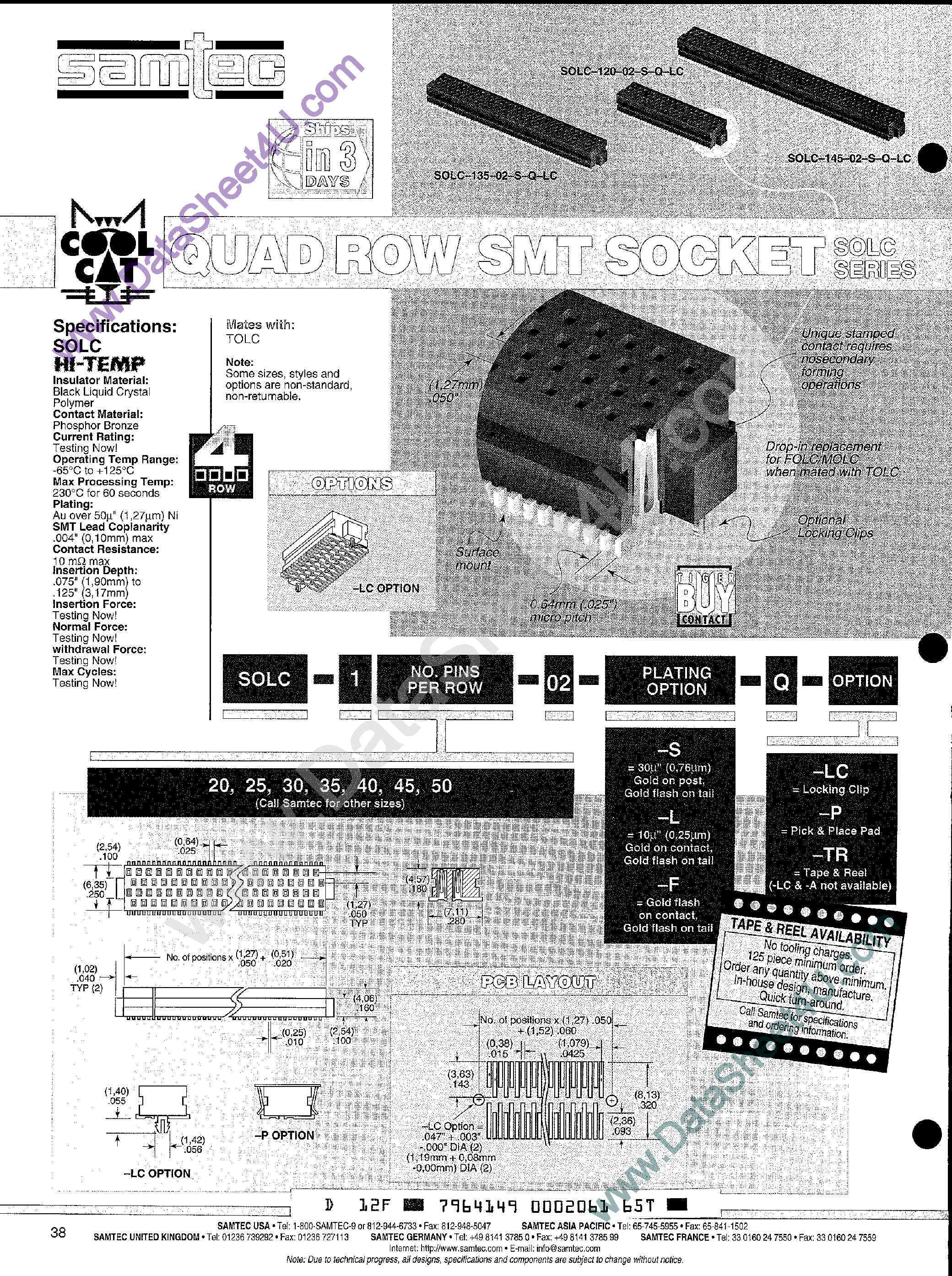 Даташит SOLC-120-02-x-x - (SOLC-1xx) Quad Row SMT Socket страница 1