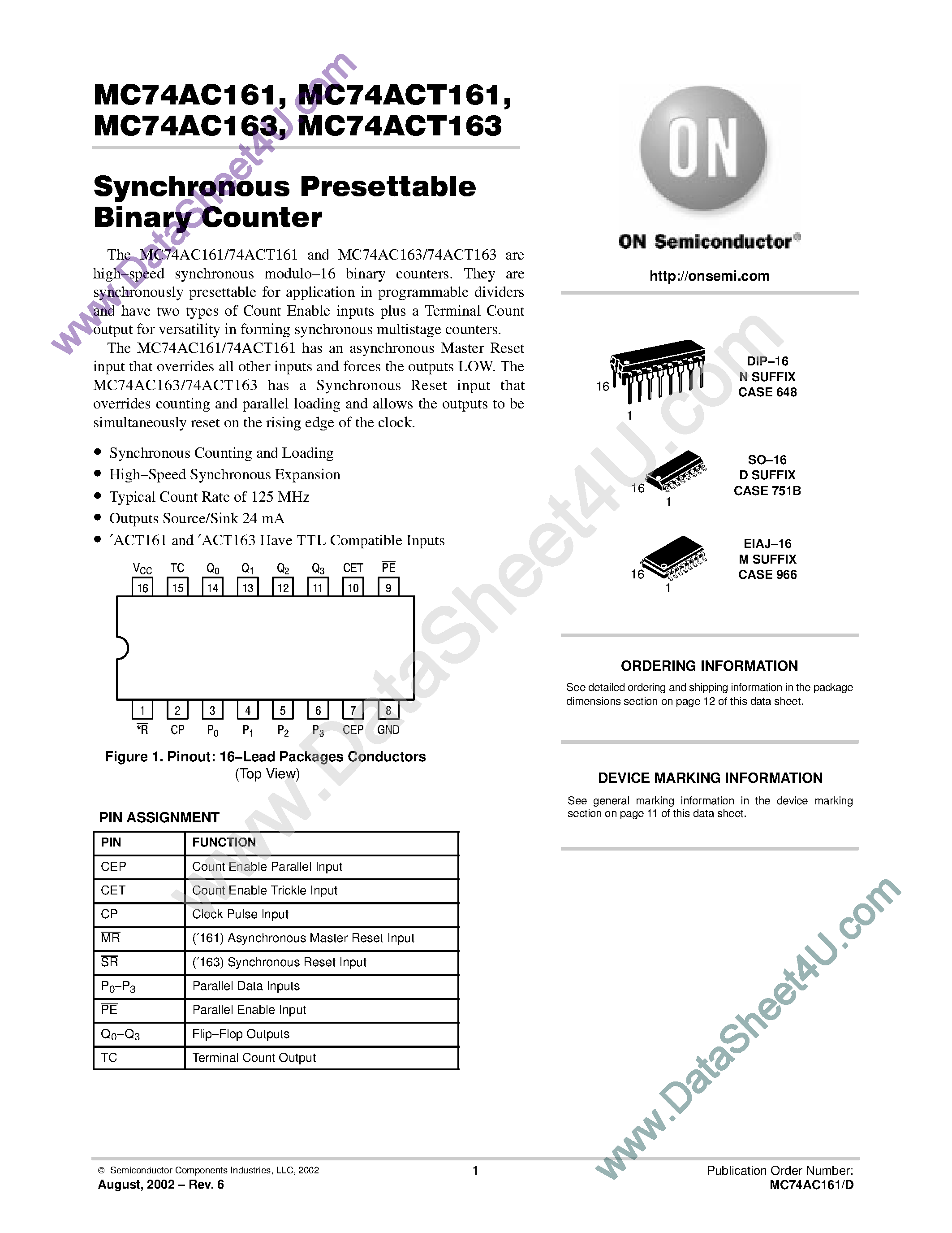 Datasheet MC74AC161 - (MC74ACT161 / MC74ACT163) Synchronous Presettable Binart Counter page 1