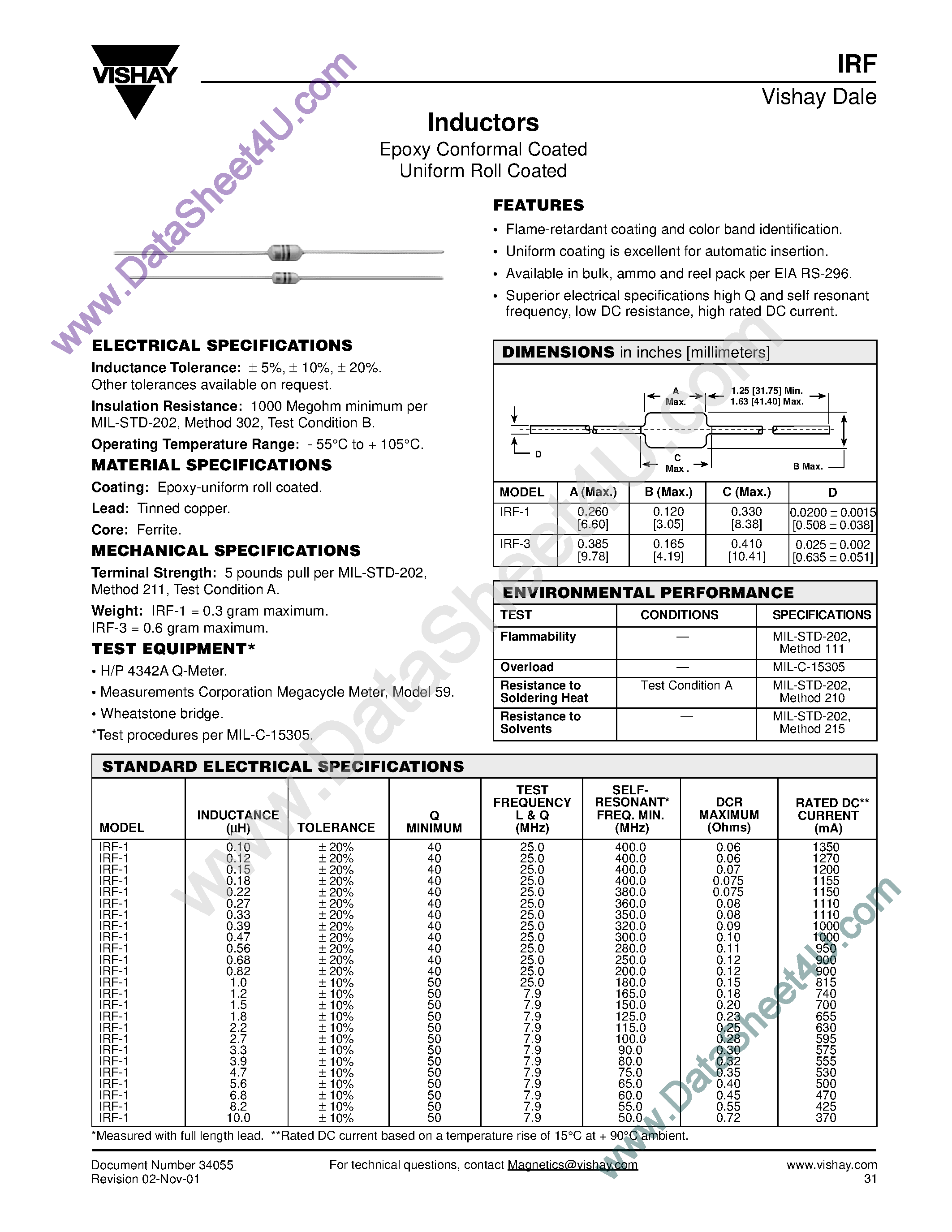 Datasheet IRF-182xx - Inductors page 1