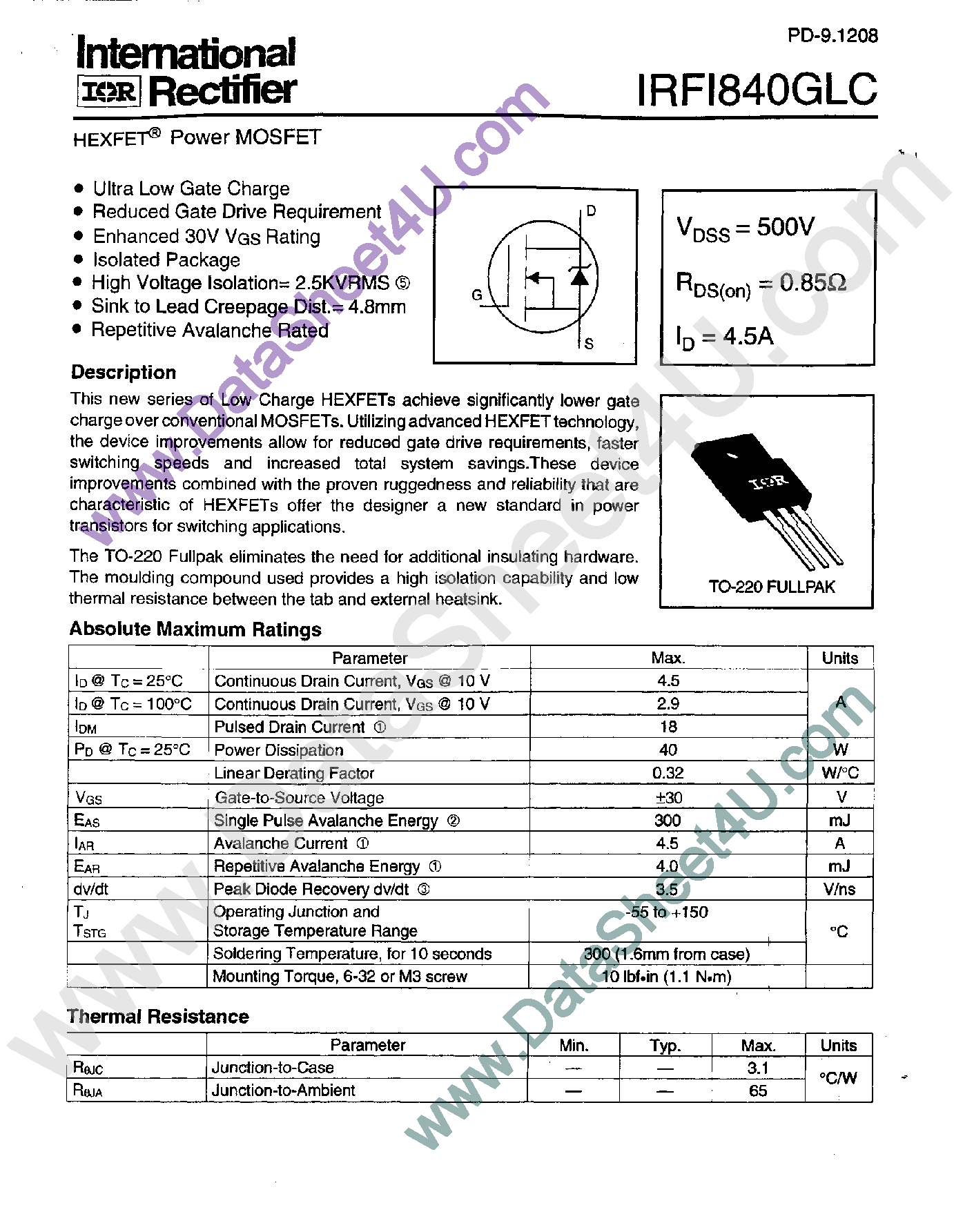 Datasheet IRF1840GLC - HexFET Power MOSFET page 1