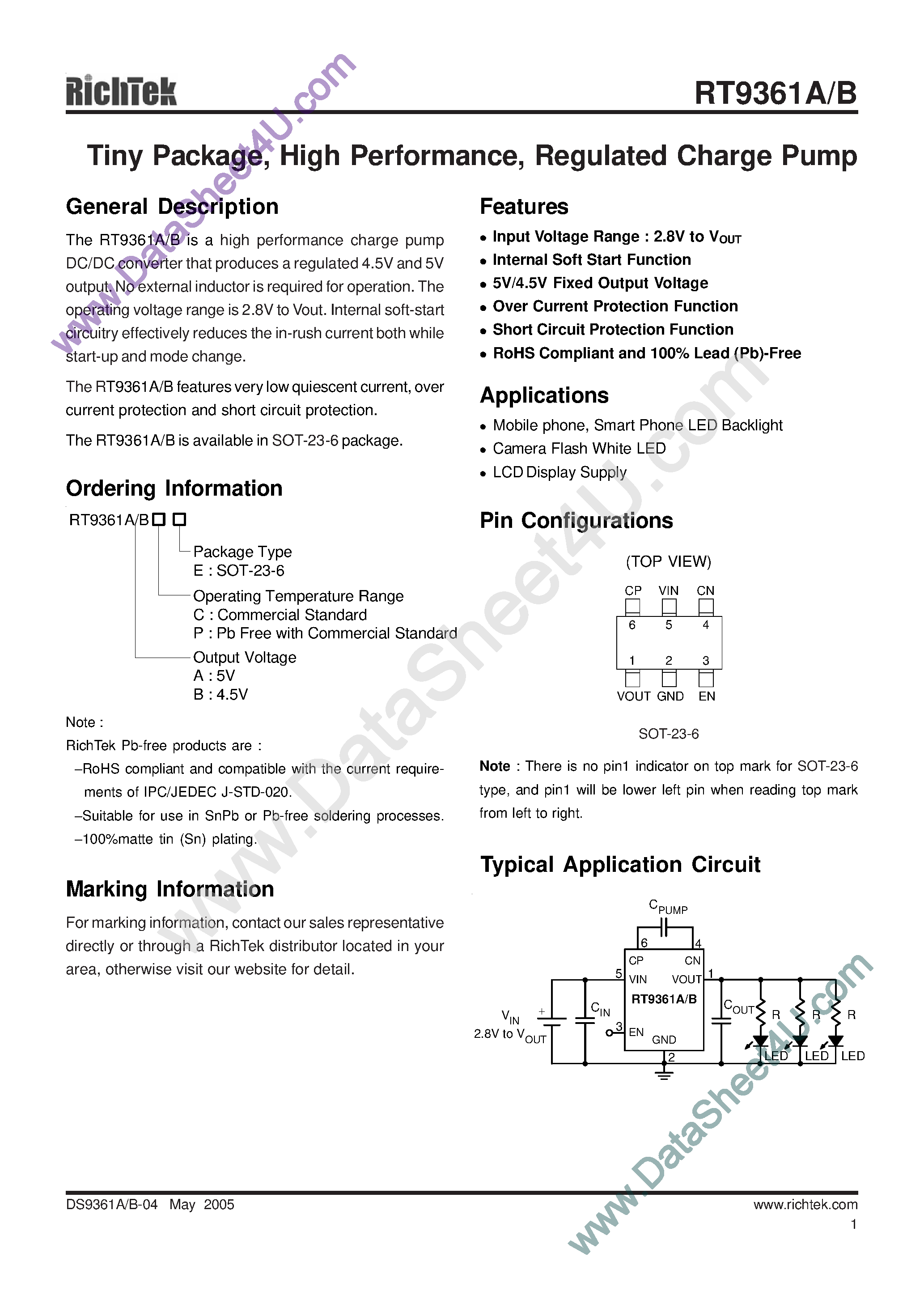 Datasheet RT9361A - (RT9361A/B) Tiny Package / High Performance / Regulated Chard Pump page 1