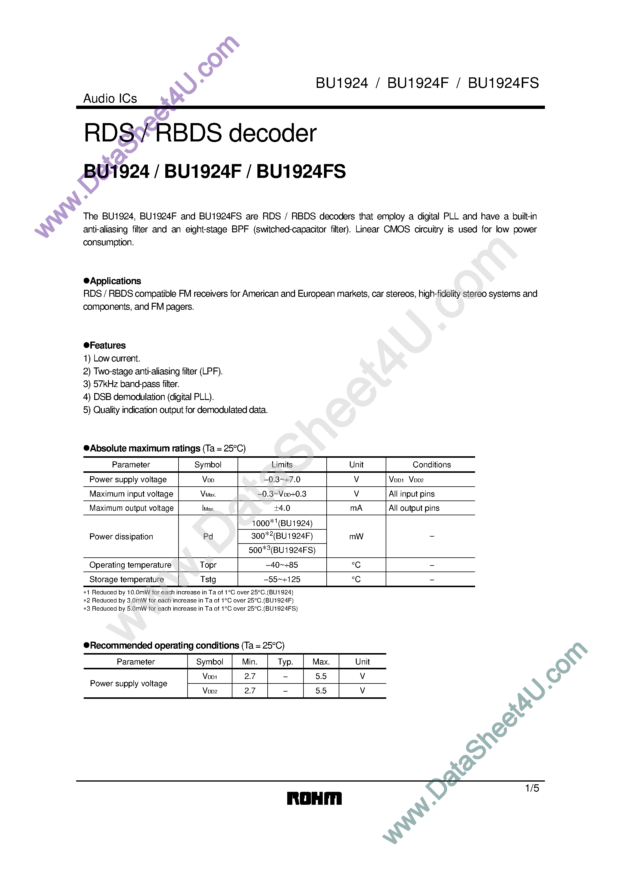 Даташит BU1924 - RDS / RBDS decoder страница 1