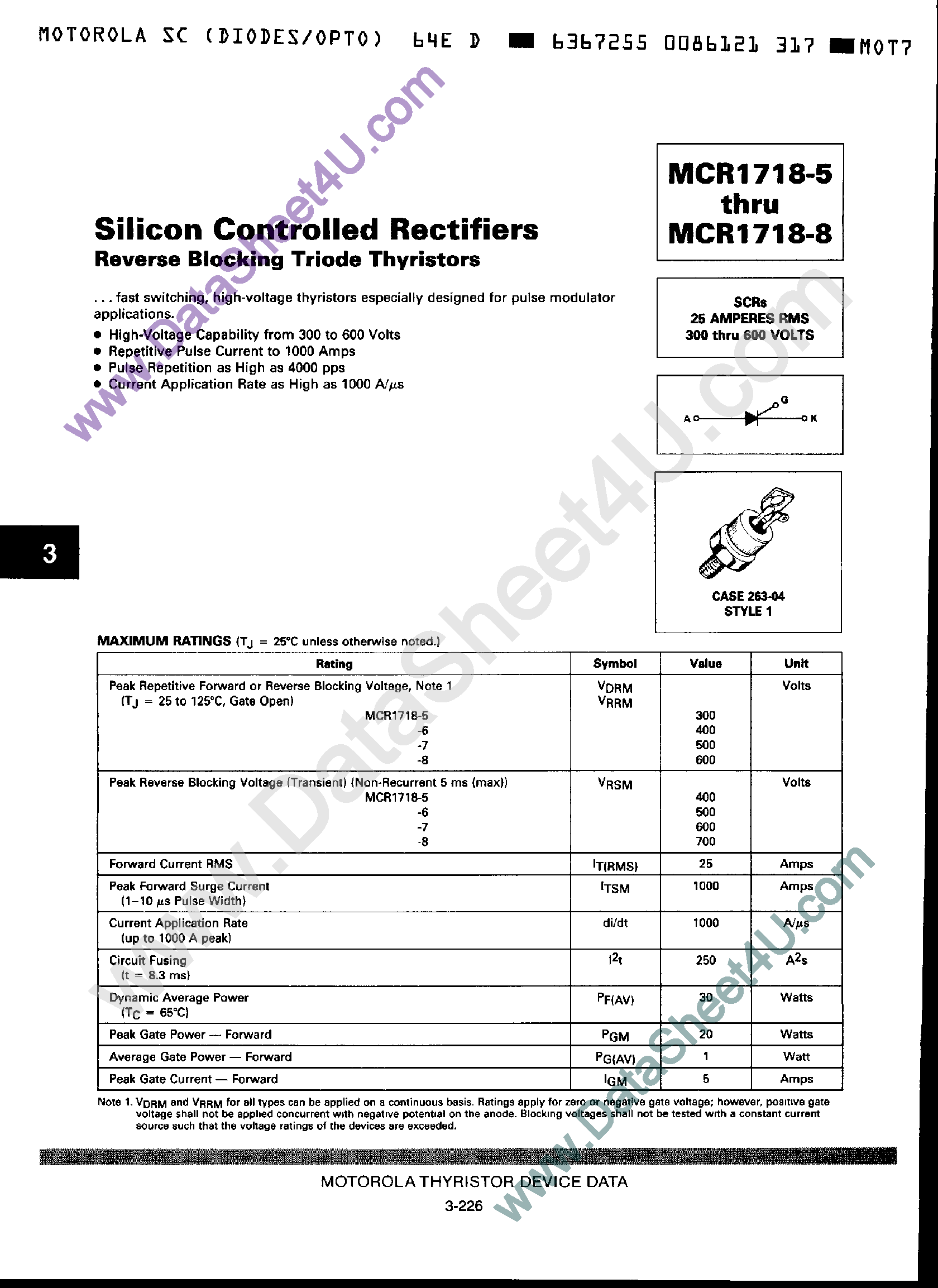 Datasheet MCR1718-5 - (MCR1718-5 - MCR1718-8) Silicon Controlled Rectifiers page 1