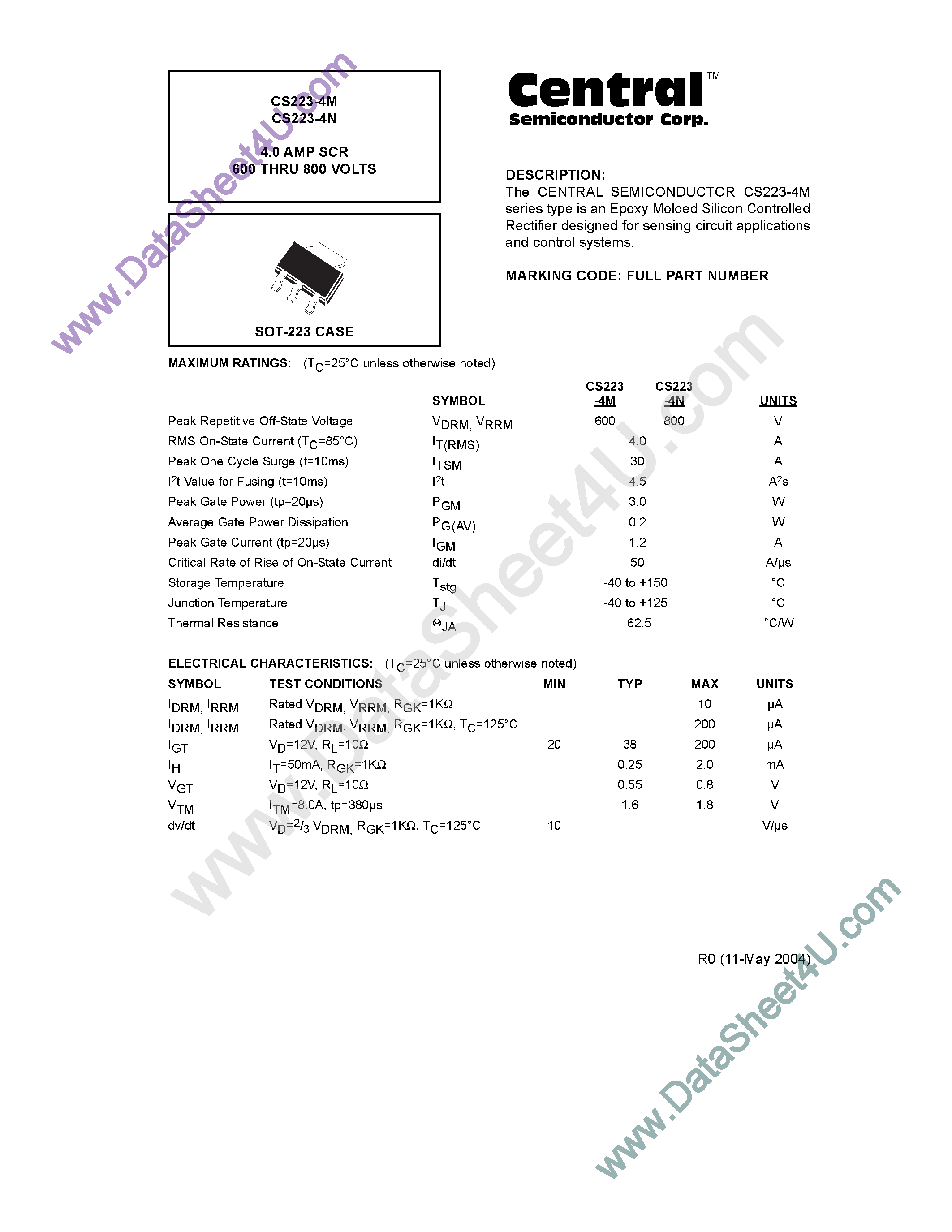 Datasheet CS223-4M - (CS223-4M/N) SILICON CONTROLLED RECTIFIER page 1