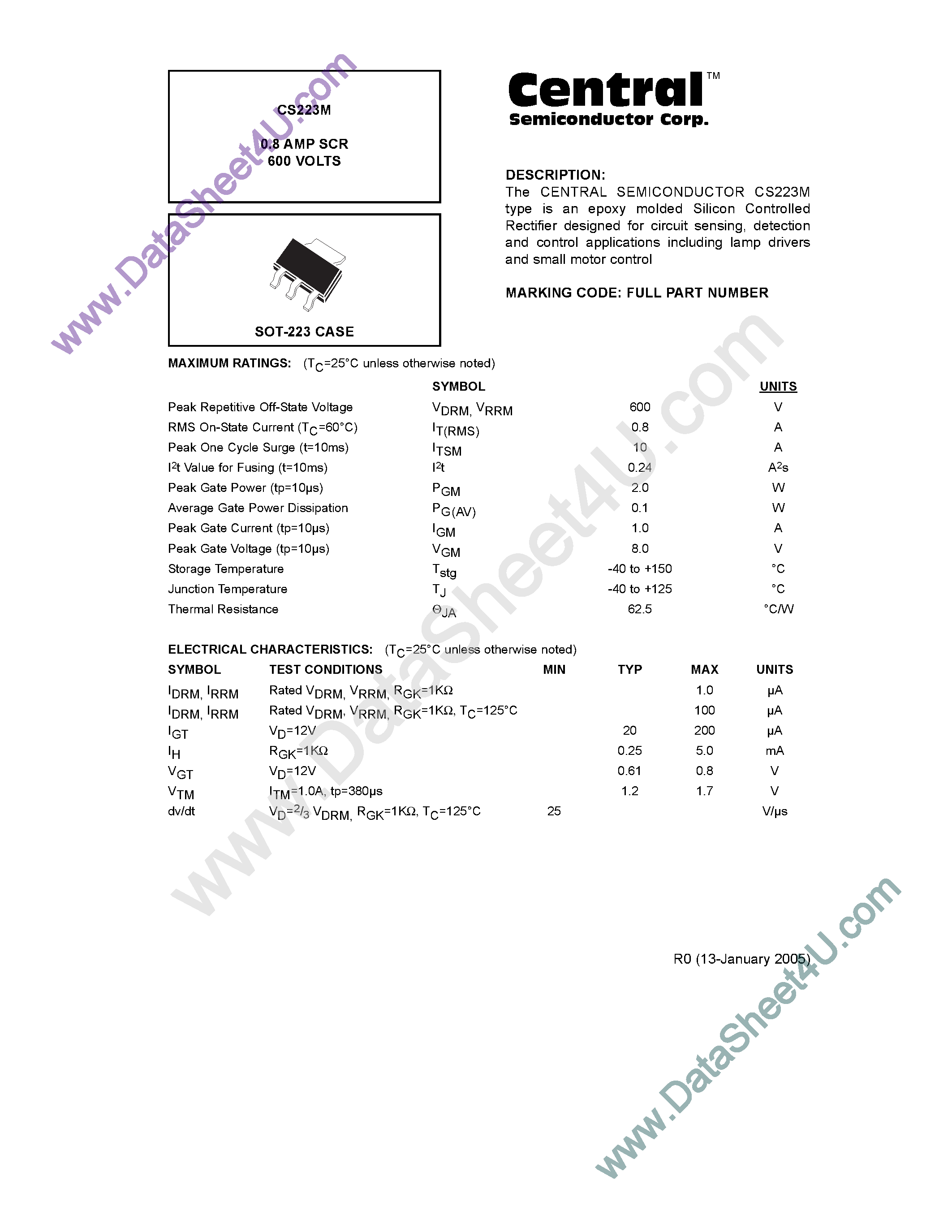 Datasheet CS223M - SILICON CONTROLLED RECTIFIER page 1