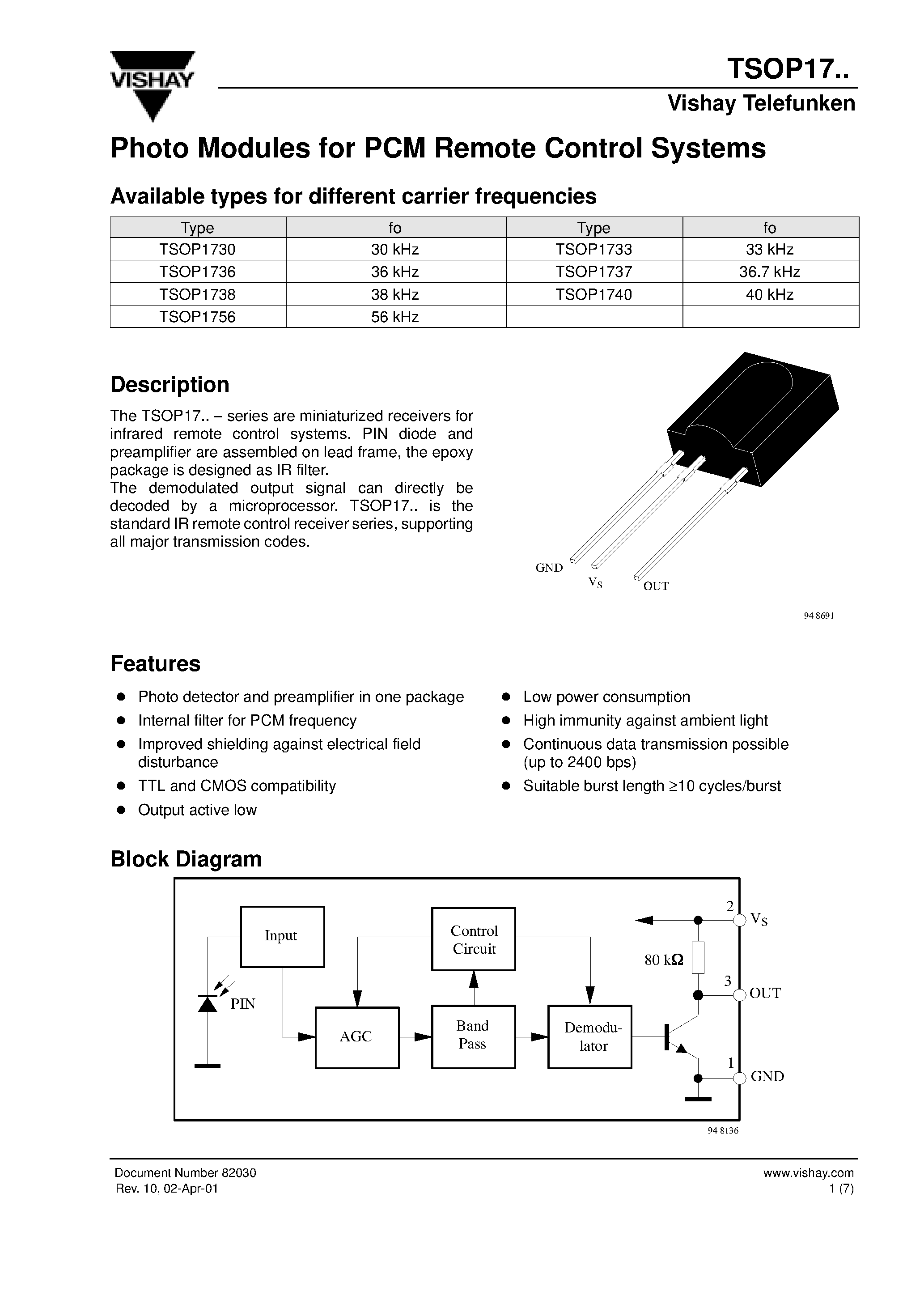 Datasheet TSOP-1738 page 1 Datasheet TSOP-1738 - Photo Modules for PCM Remote Control Systems page 1