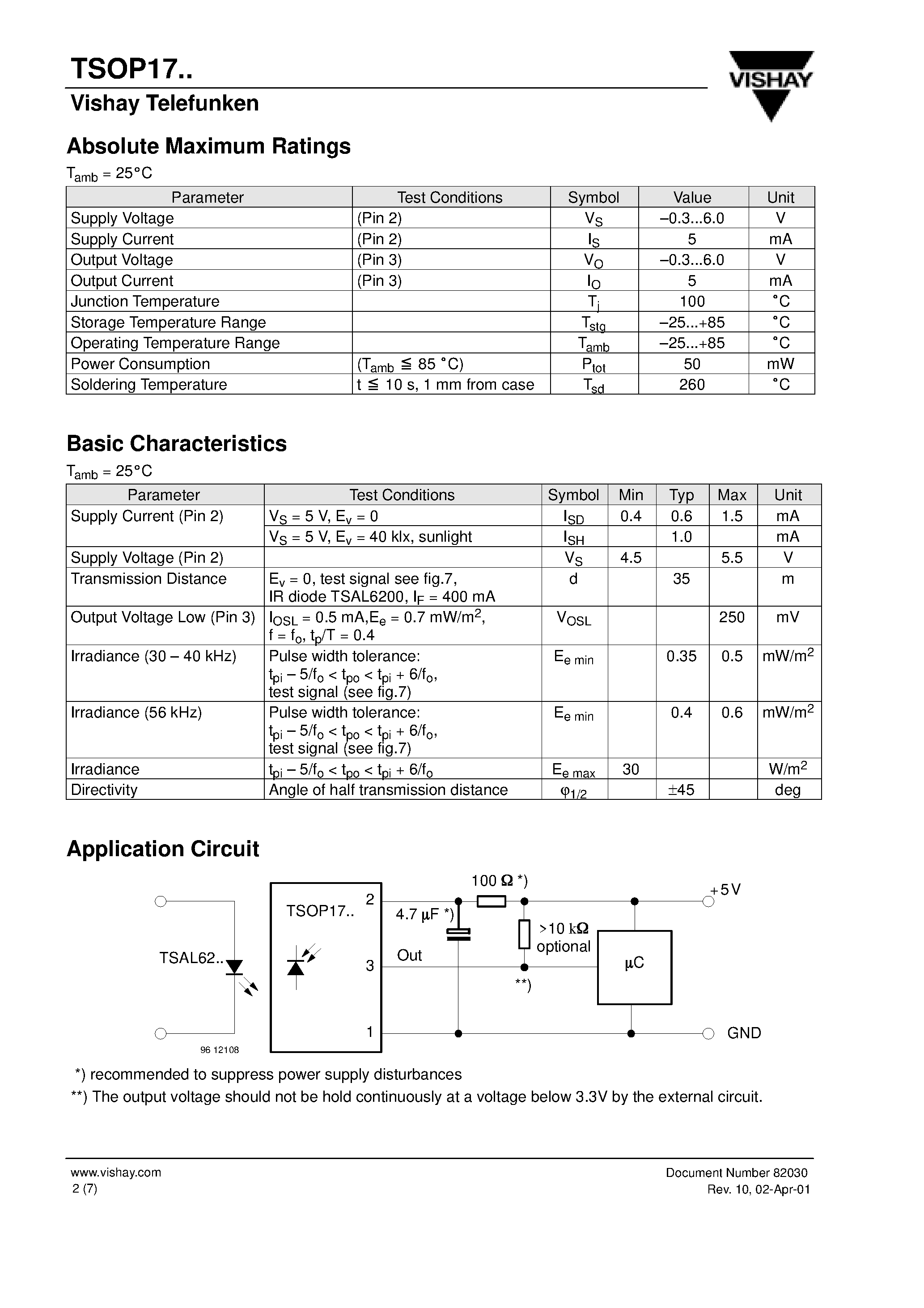 Datasheet TSOP-1738 page 2 Datasheet TSOP-1738 - Photo Modules for PCM Remote Control Systems page 2
