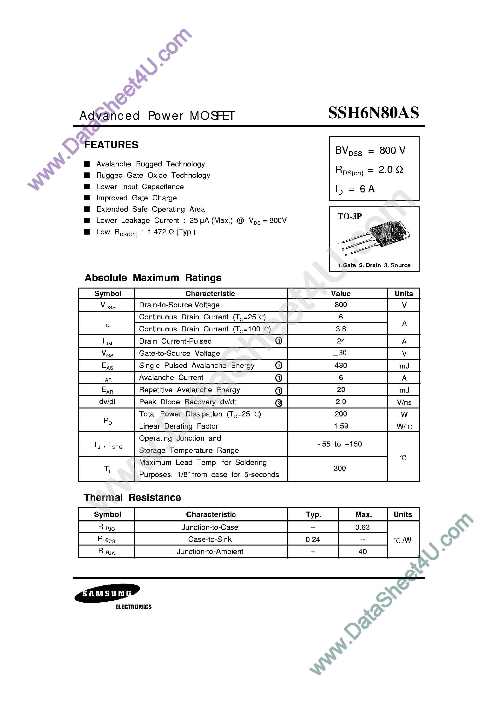 Datasheet SSH6N80AS - Advanced Power MOSFET page 1