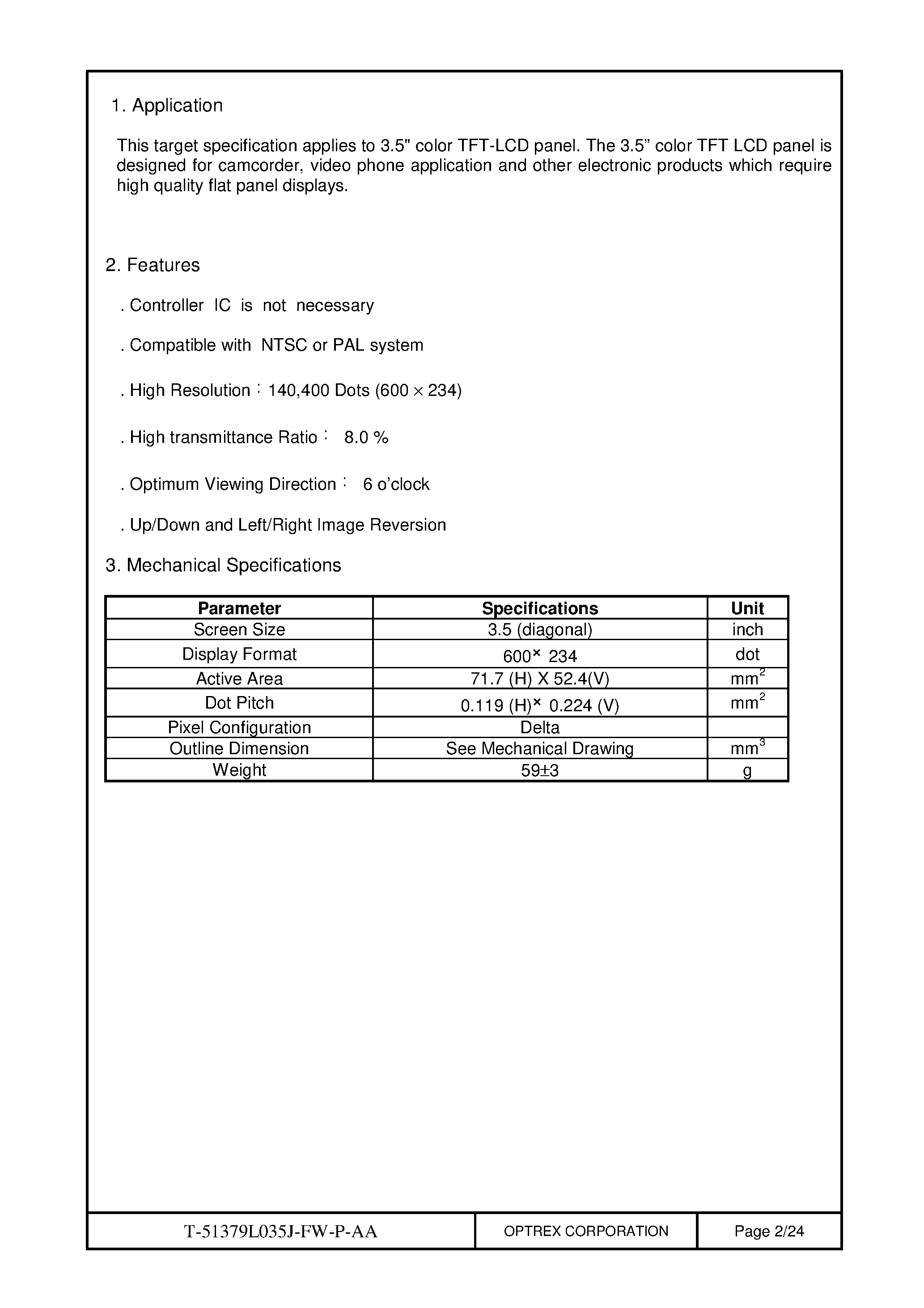 Datasheet T-51379L035J_FW_P_AA - TFT LCD MODULE page 2