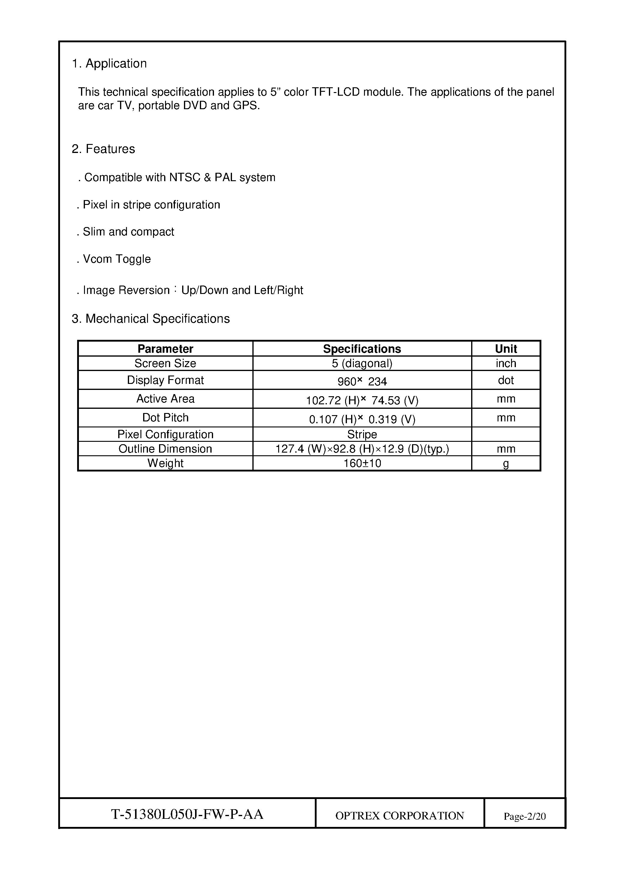 Datasheet T-51380L050J_FW_P_AA - TFT LCD MODULE page 2