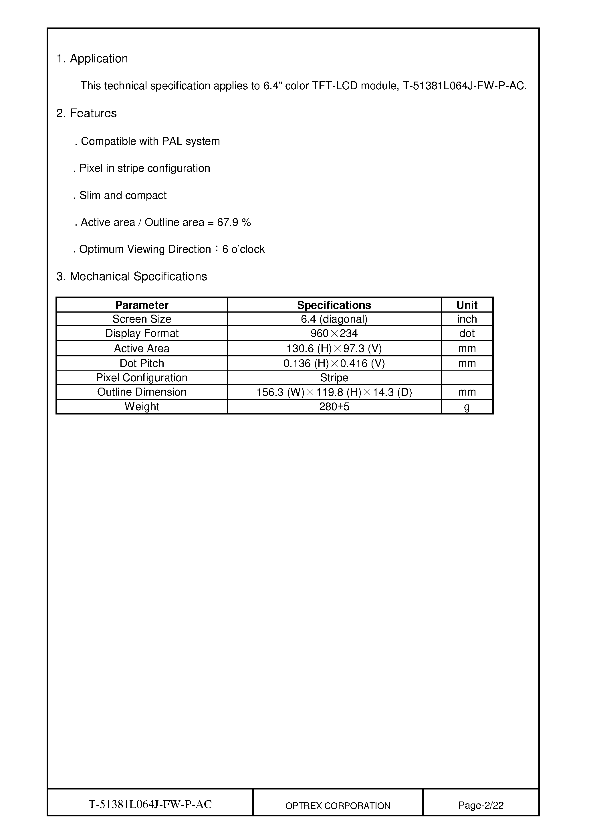 Datasheet T-51381L064J_FW_P_AC - TFT LCD MODULE page 2