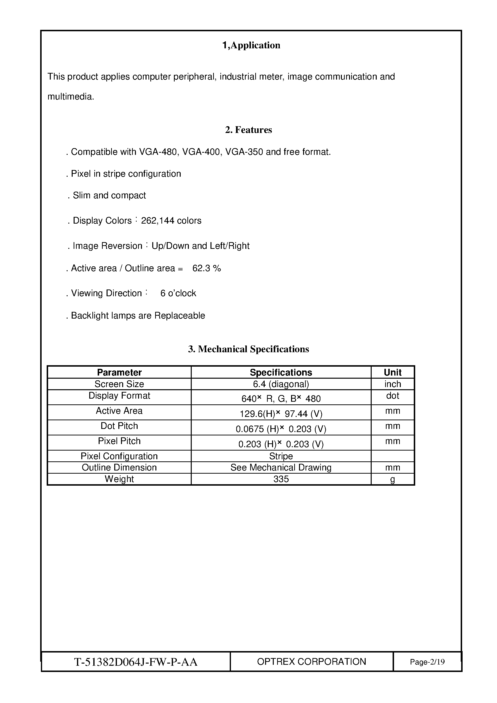 Datasheet T-51382D064J_FW_P_AA - TFT LCD MODULE page 2