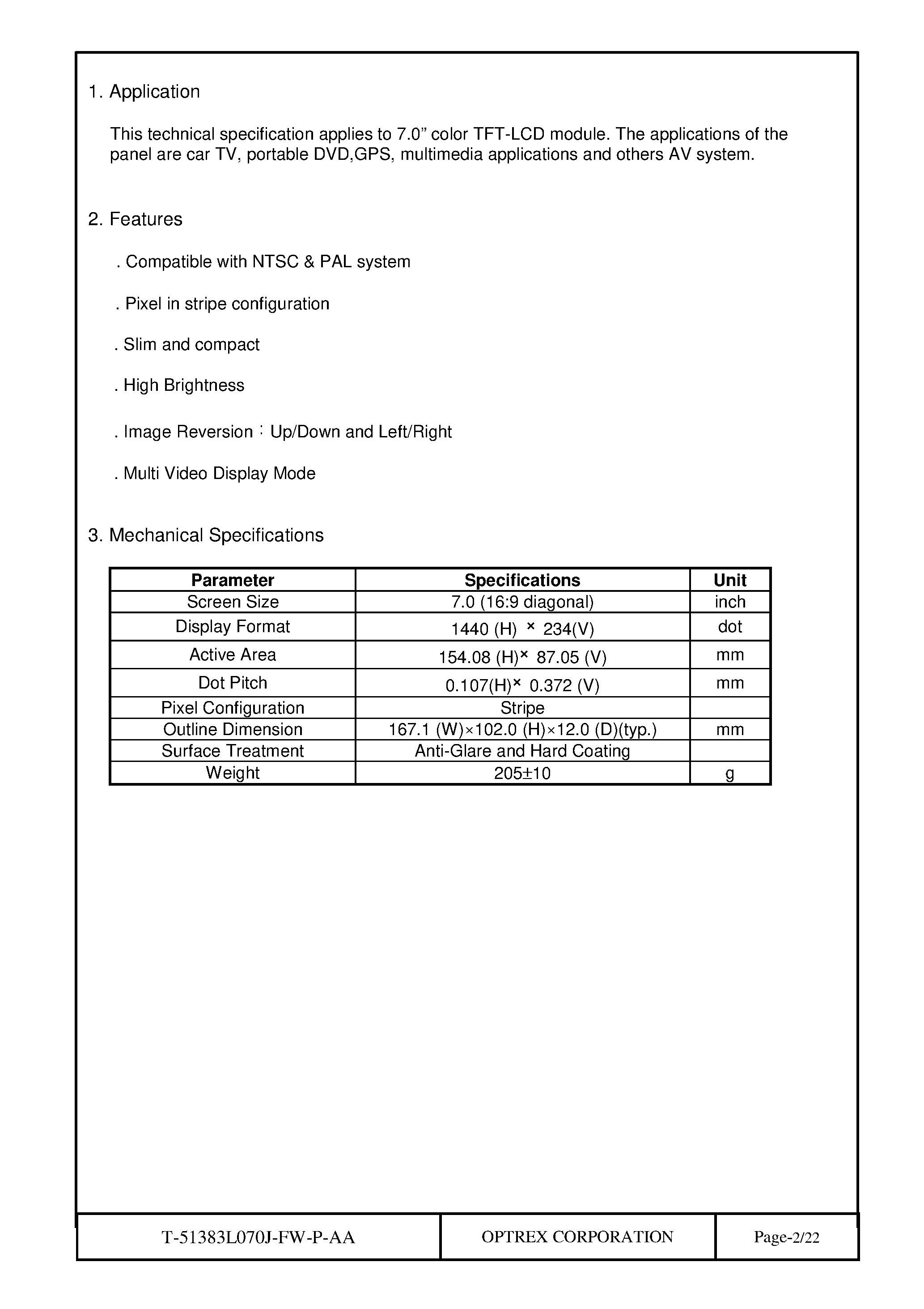 Datasheet T-51383L070J_FW_P_AA - TFT LCD MODULE page 2