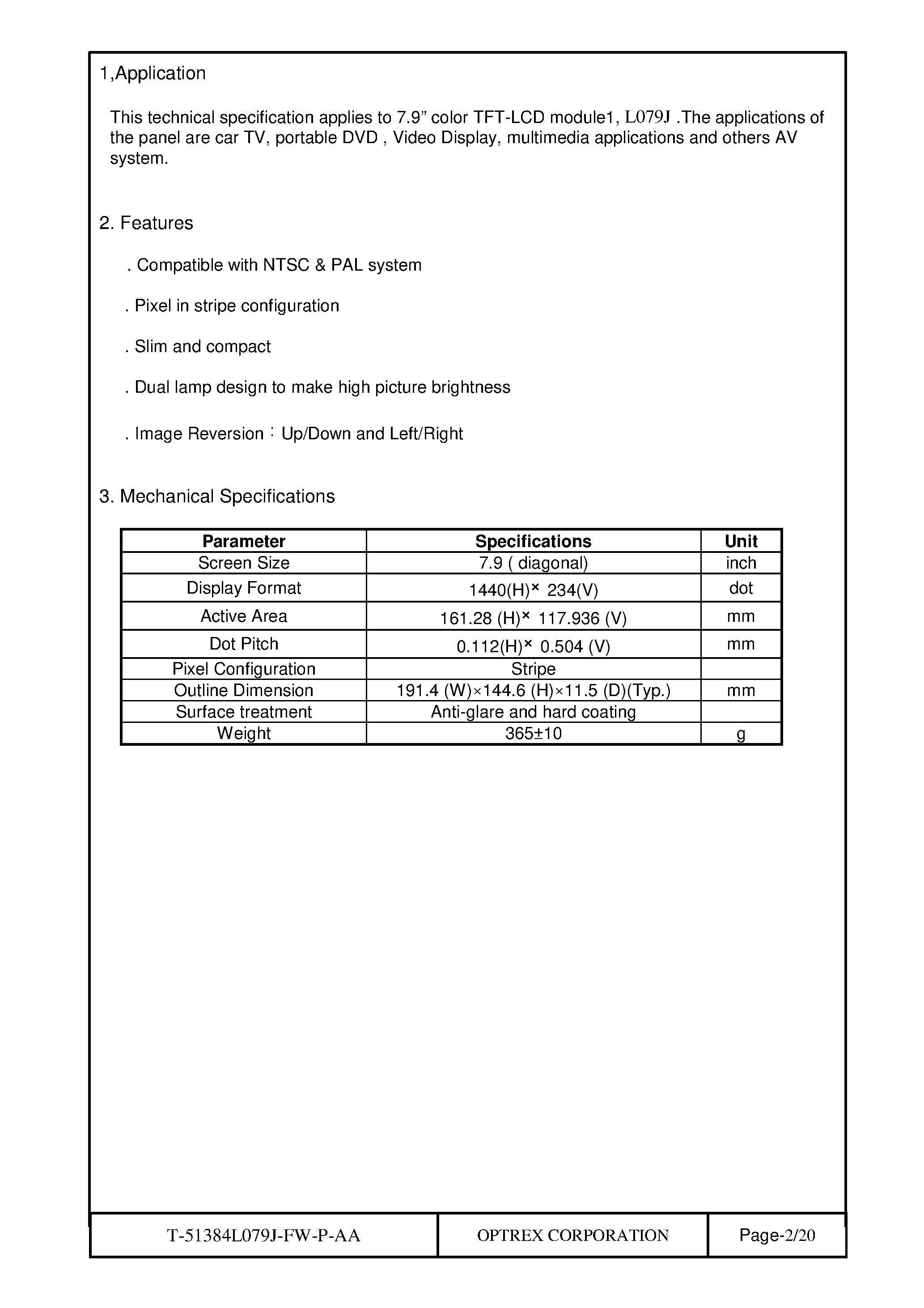 Datasheet t-51384l079j - TFT LCD MODULE page 2