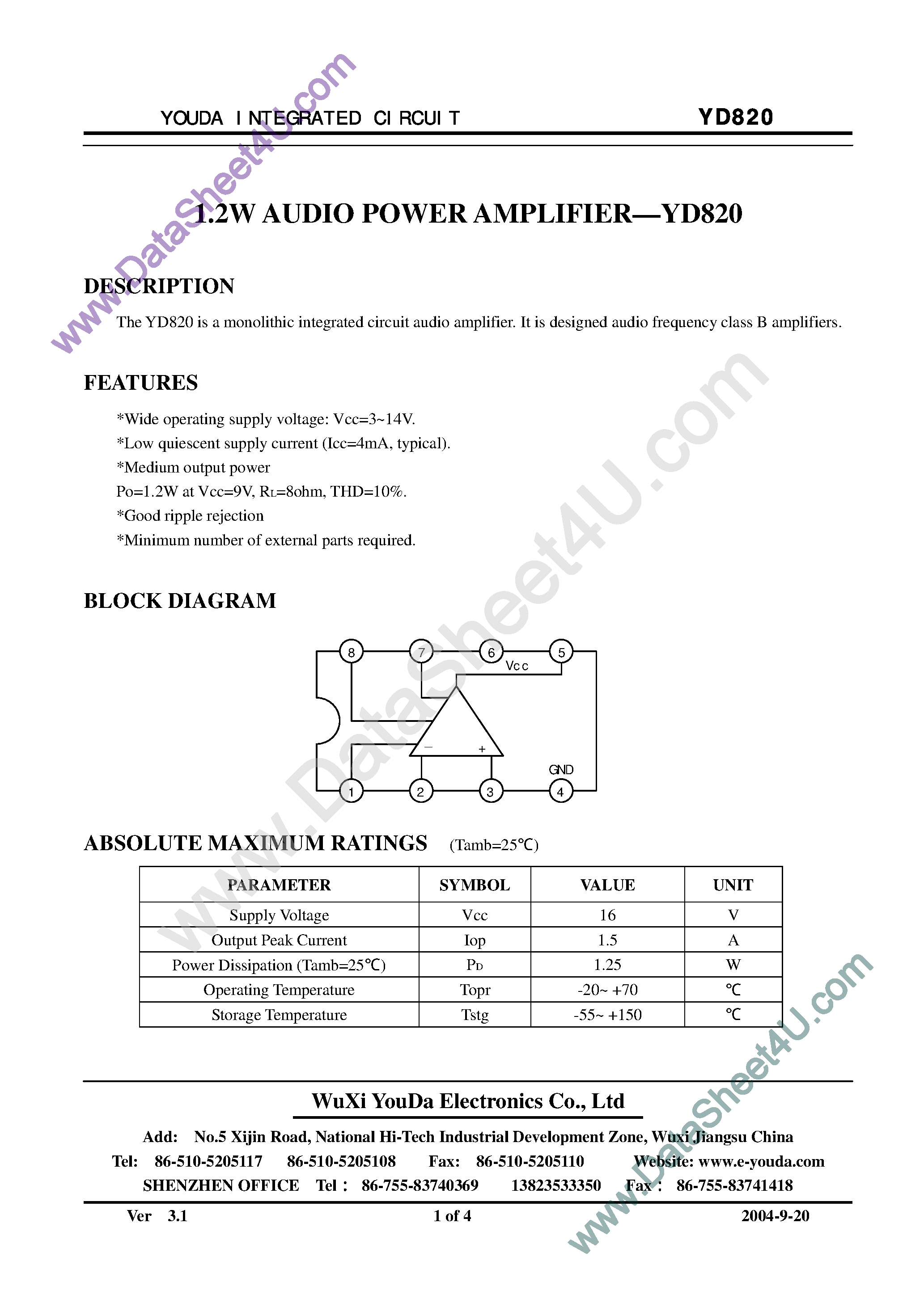 Даташит YD820 - 1.2W Audio Power Amplifier страница 1