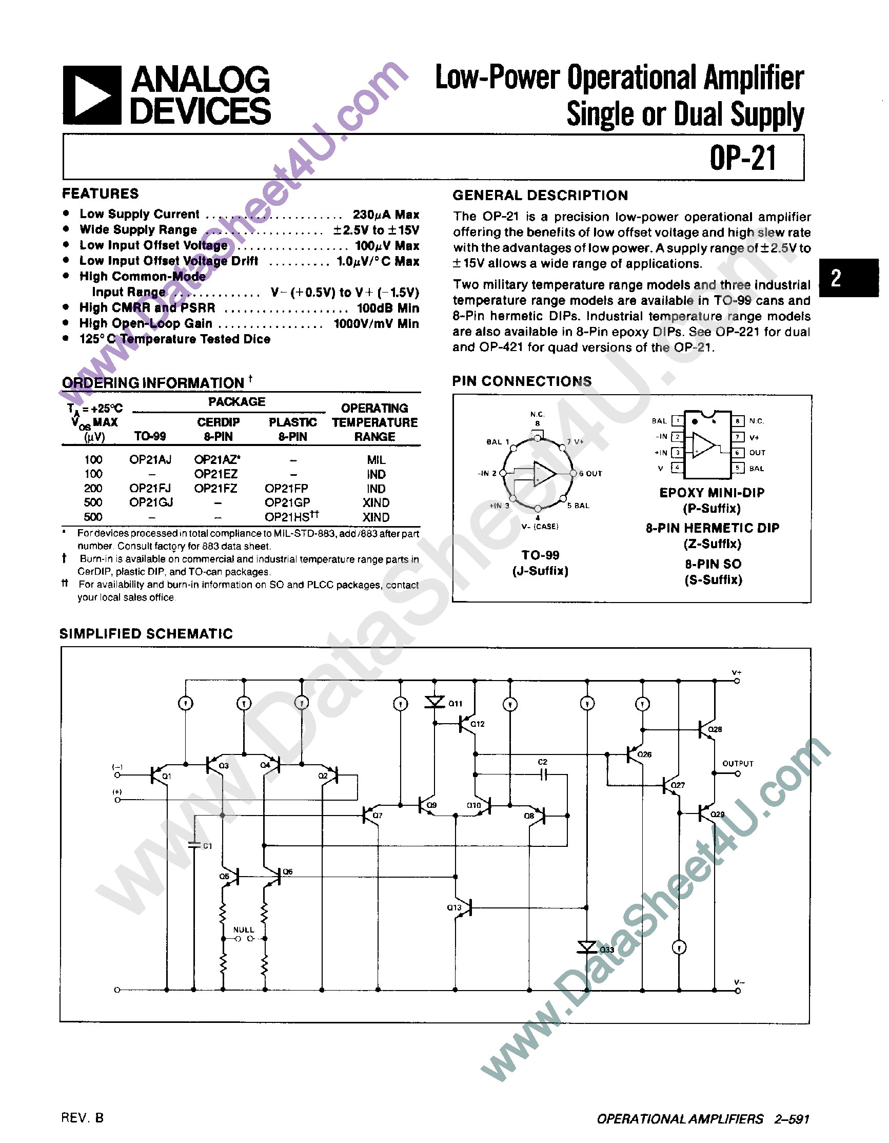 Даташит OP21FZ - Low Power Operational Amplifier страница 1