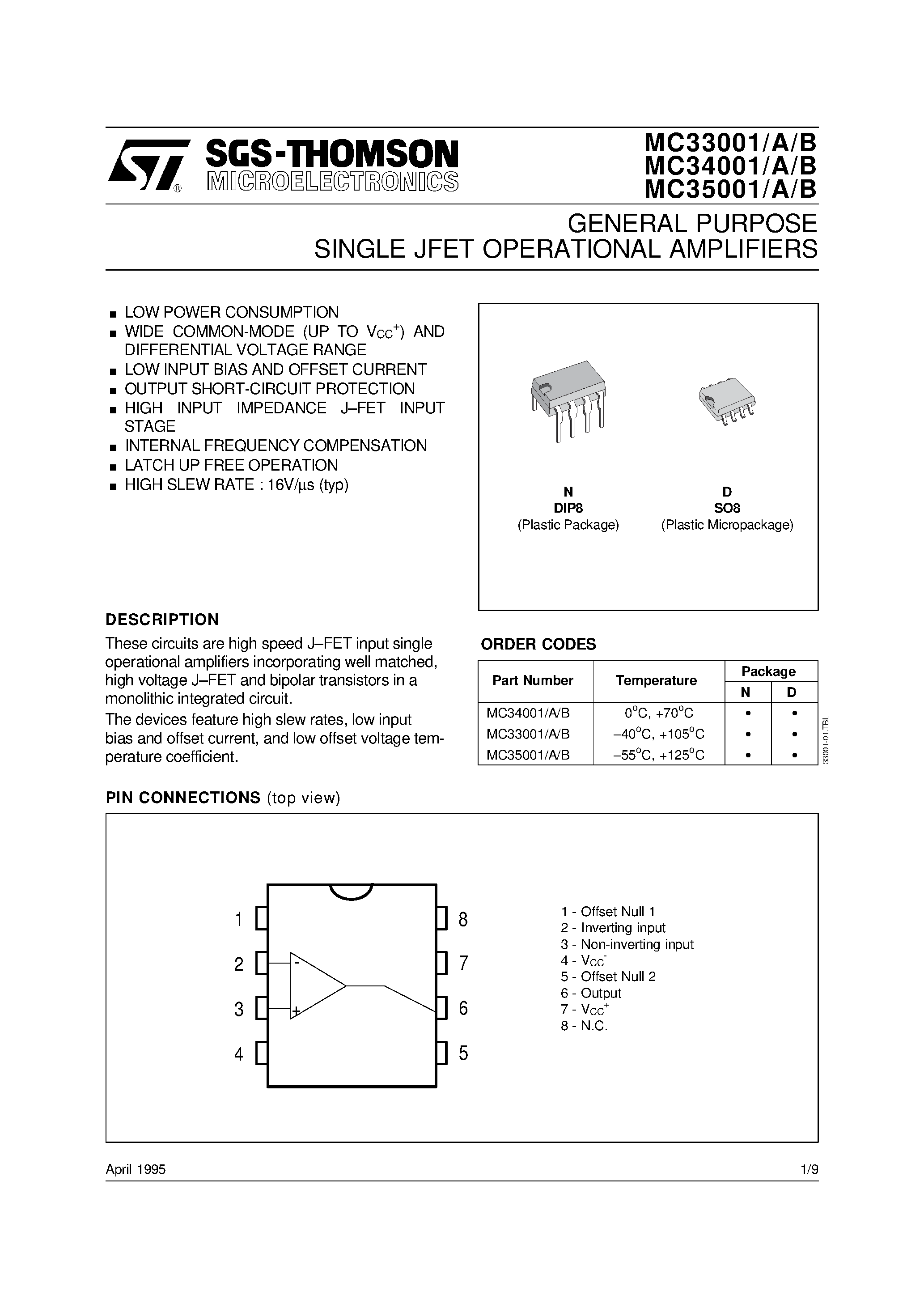 Datasheet MC33001 - (MC33001x - MC35001x) GENERAL PURPOSE SINGLE JEFT OPERATIONAL AMPLIFIERS page 1