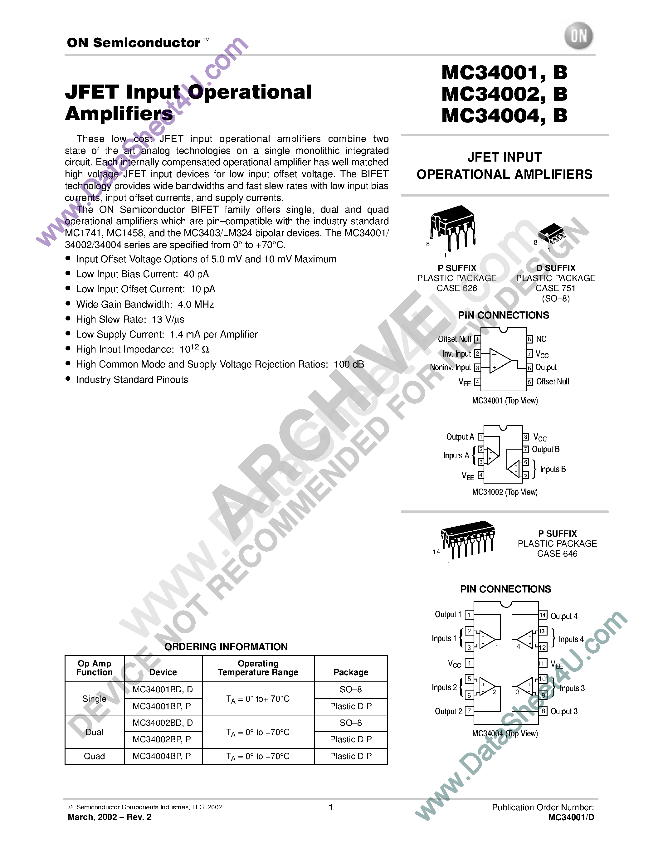Даташит MC34001 - (MC34001x - MC34004x) JFET INPUT OPERATIONAL AMPLIFIERS страница 1