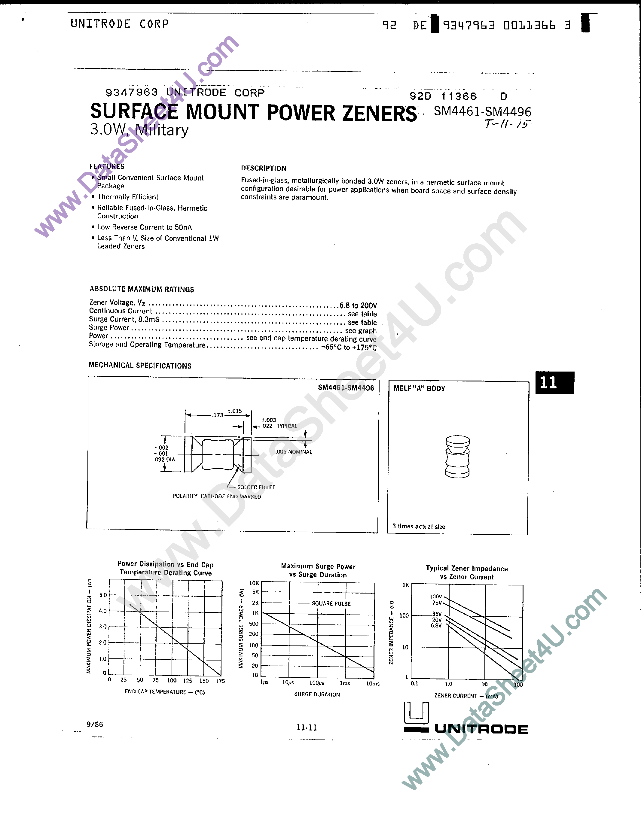 Даташит SM4461 - (SM4461 - SM4496) Surface Mount Power Zeners страница 1