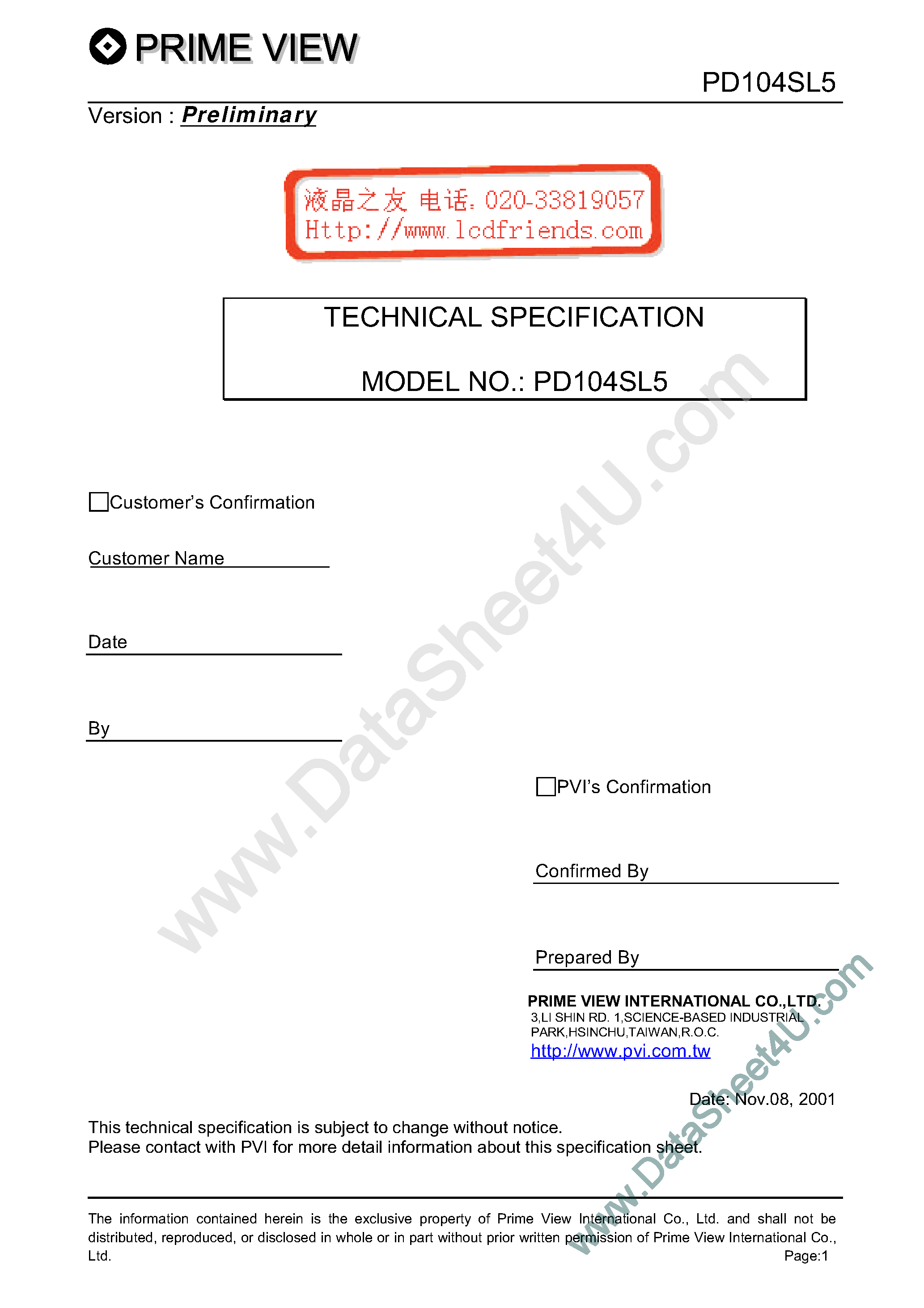 Datasheet PD104SL5 - LCD_Module page 1