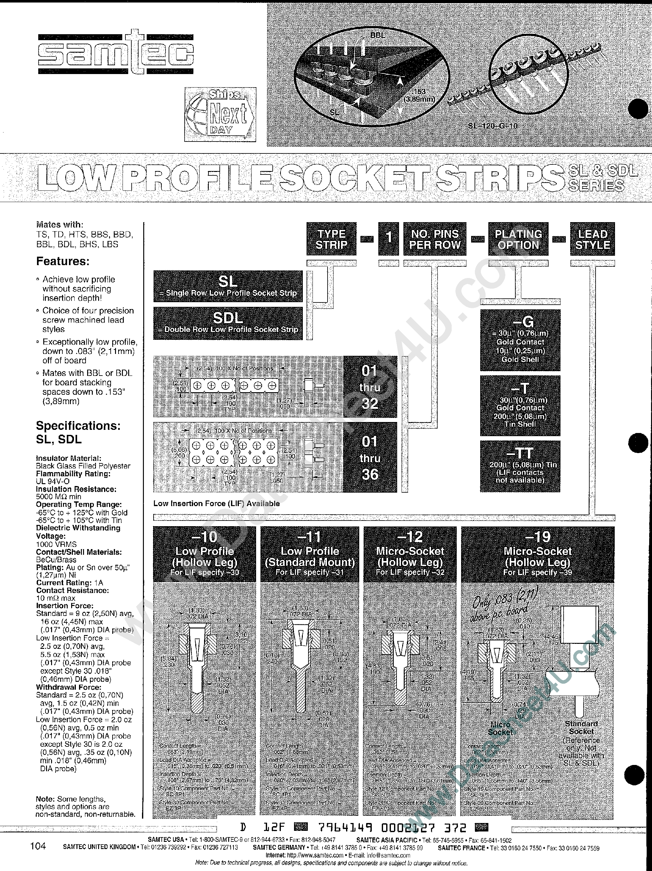 Datasheet SL-103-G-12 - (SL-1xx-x-xx) Low Profile Sockets Strips page 1