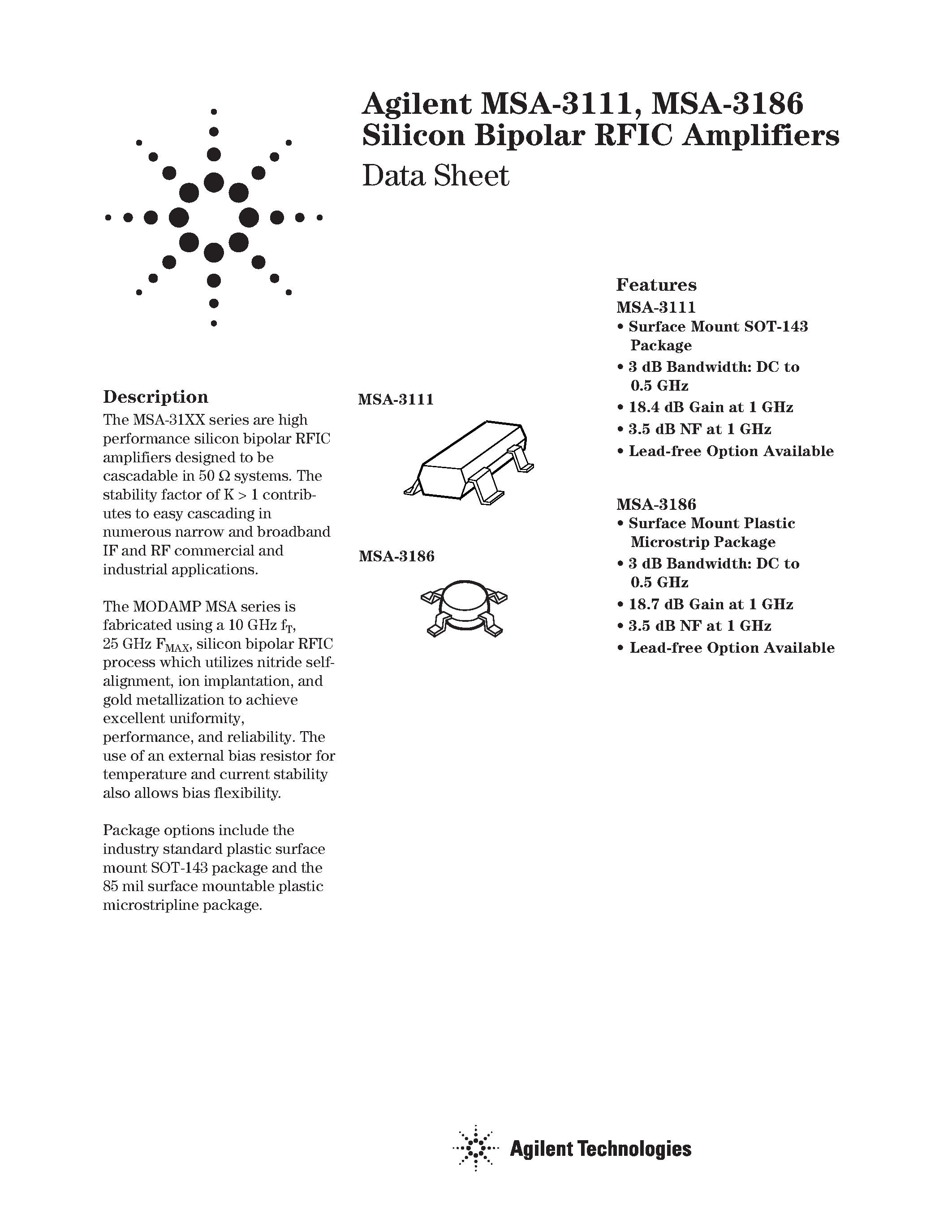 Datasheet MSA-3111 - (MSA-3111 / MSA-3186) Cascadable Silicon Bipolar MMIC Amplifier page 1
