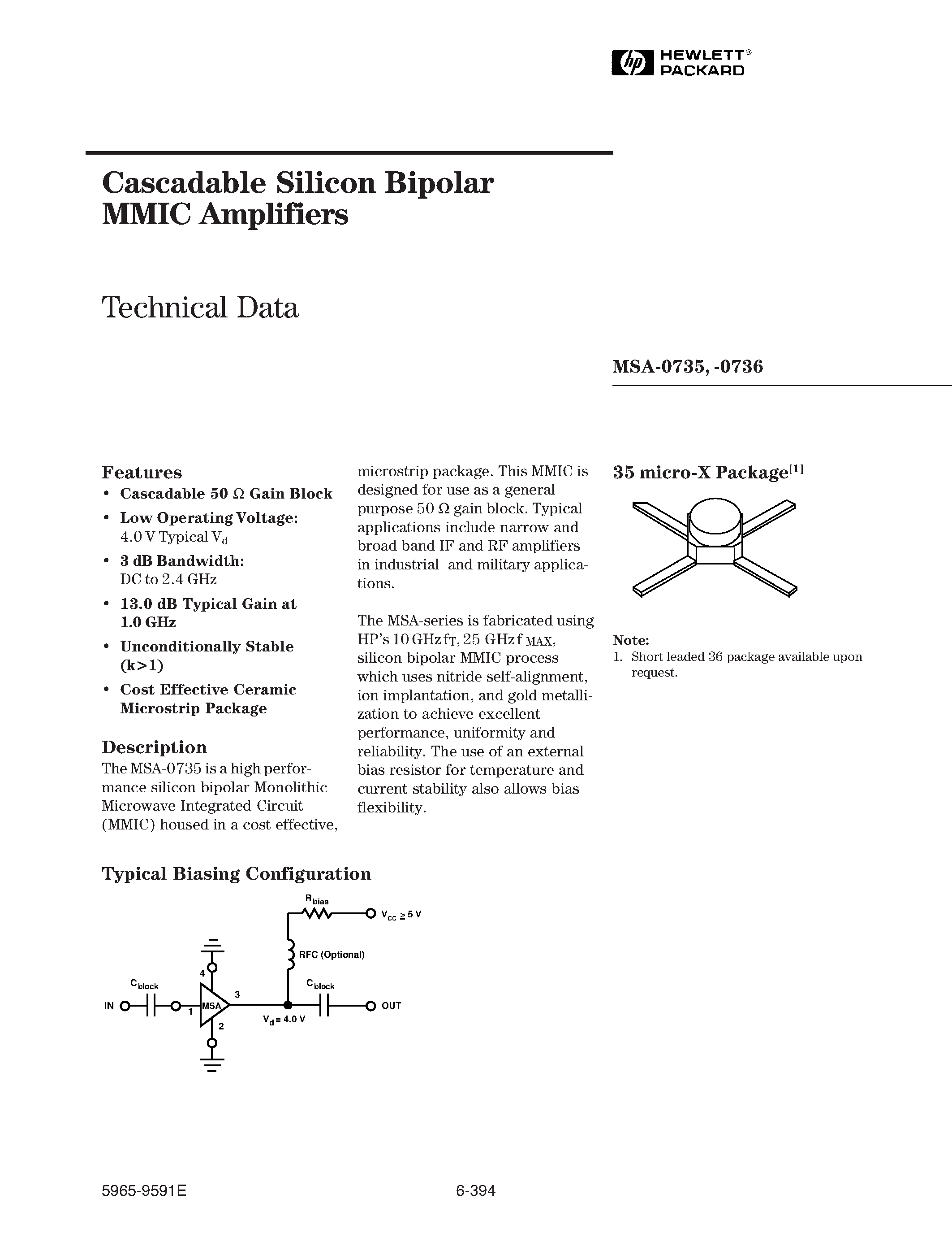 Даташит MSA-0735 - (MSA-0735 / MSA-0736) Cascadable Silicon Bipolar MMIC Amplifier страница 1