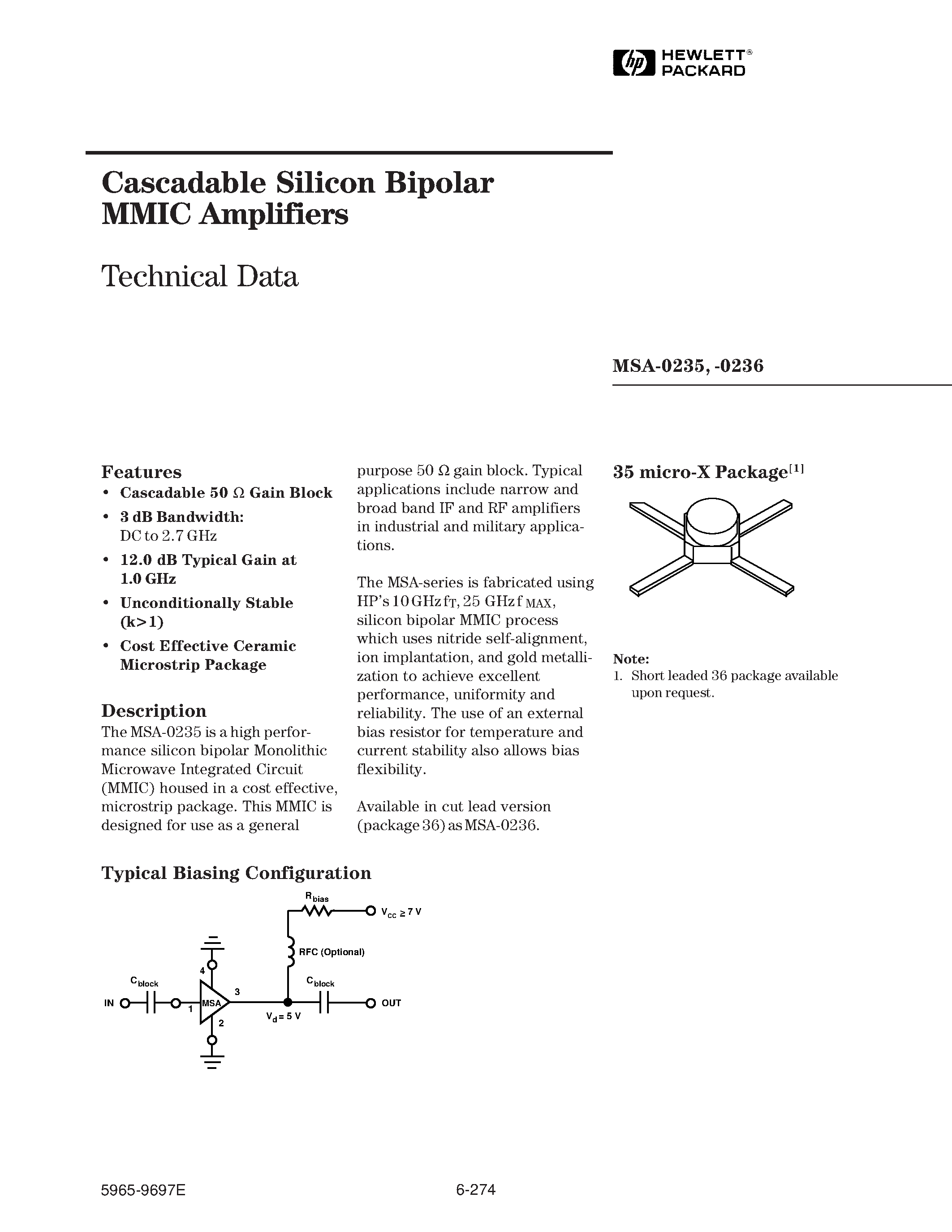 Даташит MSA-0235 - (MSA-0235 / MSA-0236) Cascadable Silicon Bipolar MMIC Amplifier страница 1