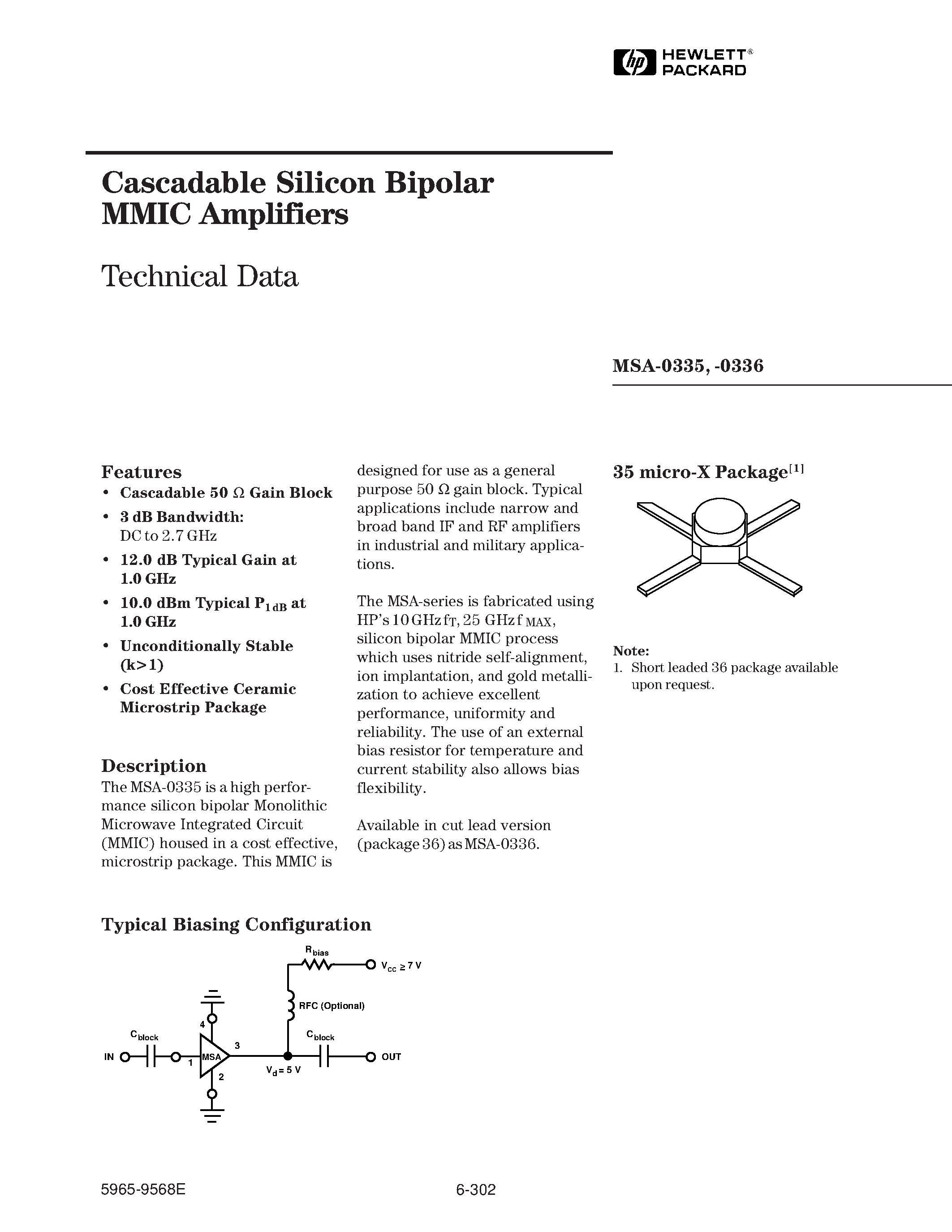 Даташит MSA-0335 - (MSA-0335 / MSA-0336) Cascadable Silicon Bipolar MMIC Amplifier страница 1