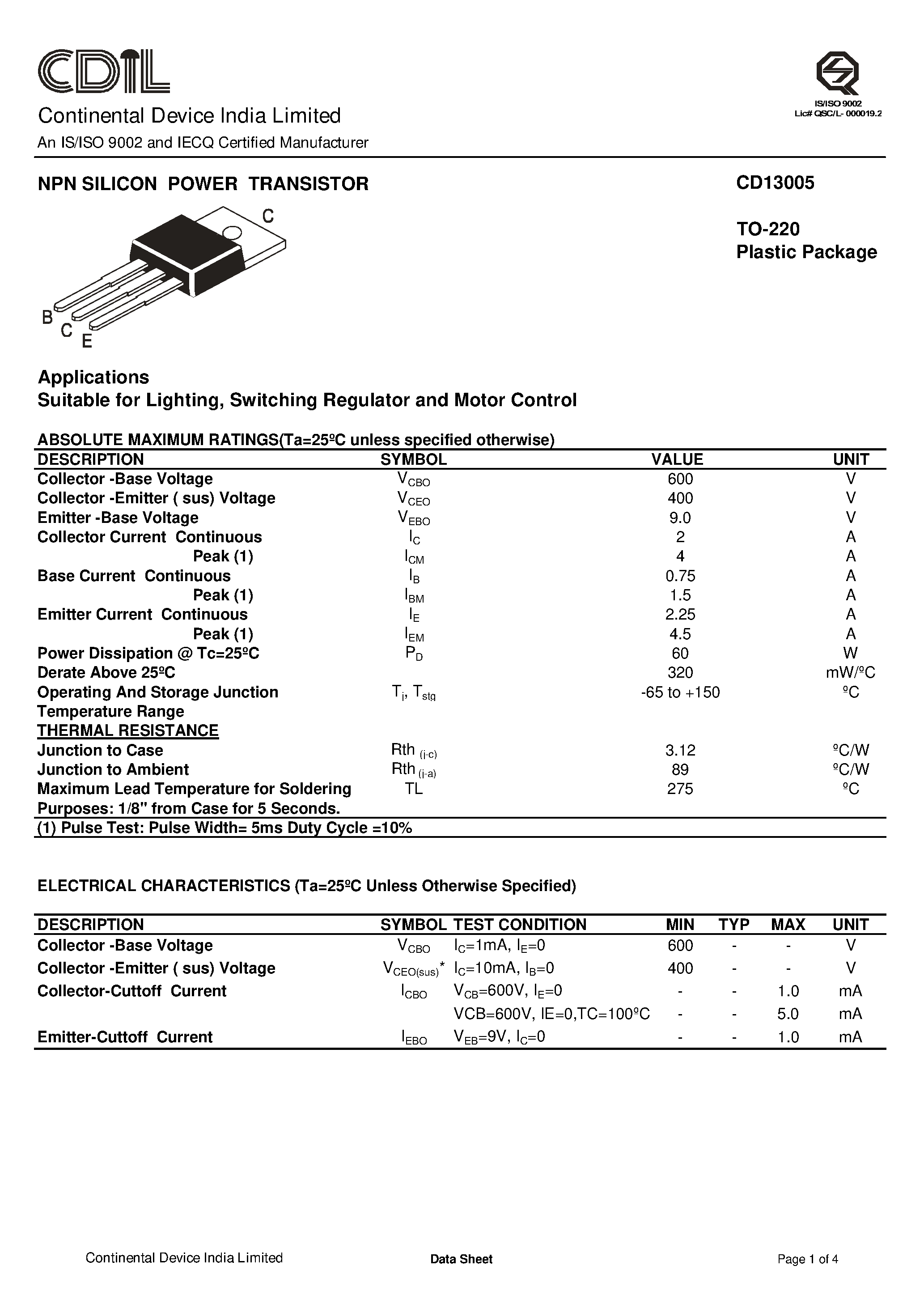 Даташит CD13005 - NPN SILICON POWER TRANSISTOR страница 1