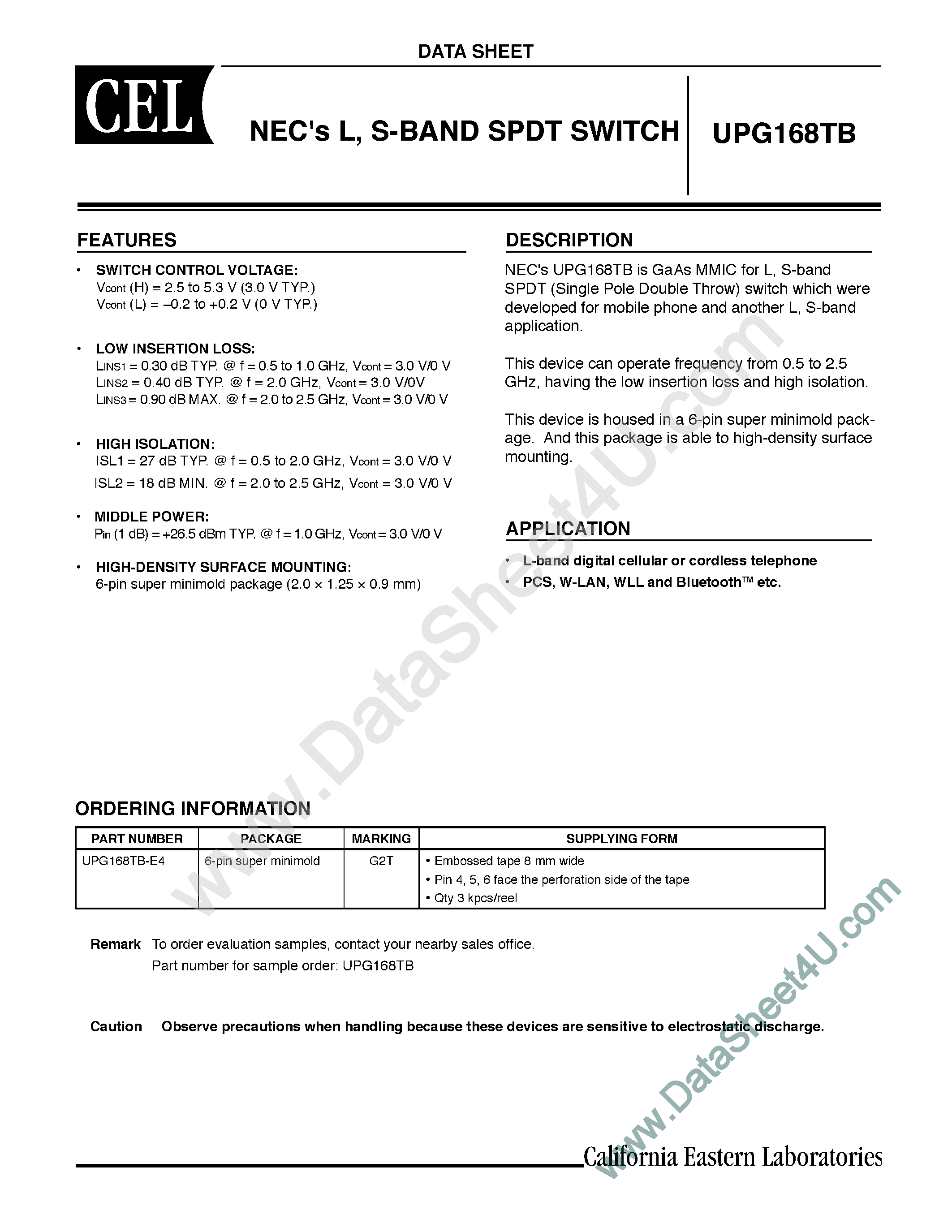 Datasheet UPG168TB - L / S-BAND SPDT SWITCH page 1