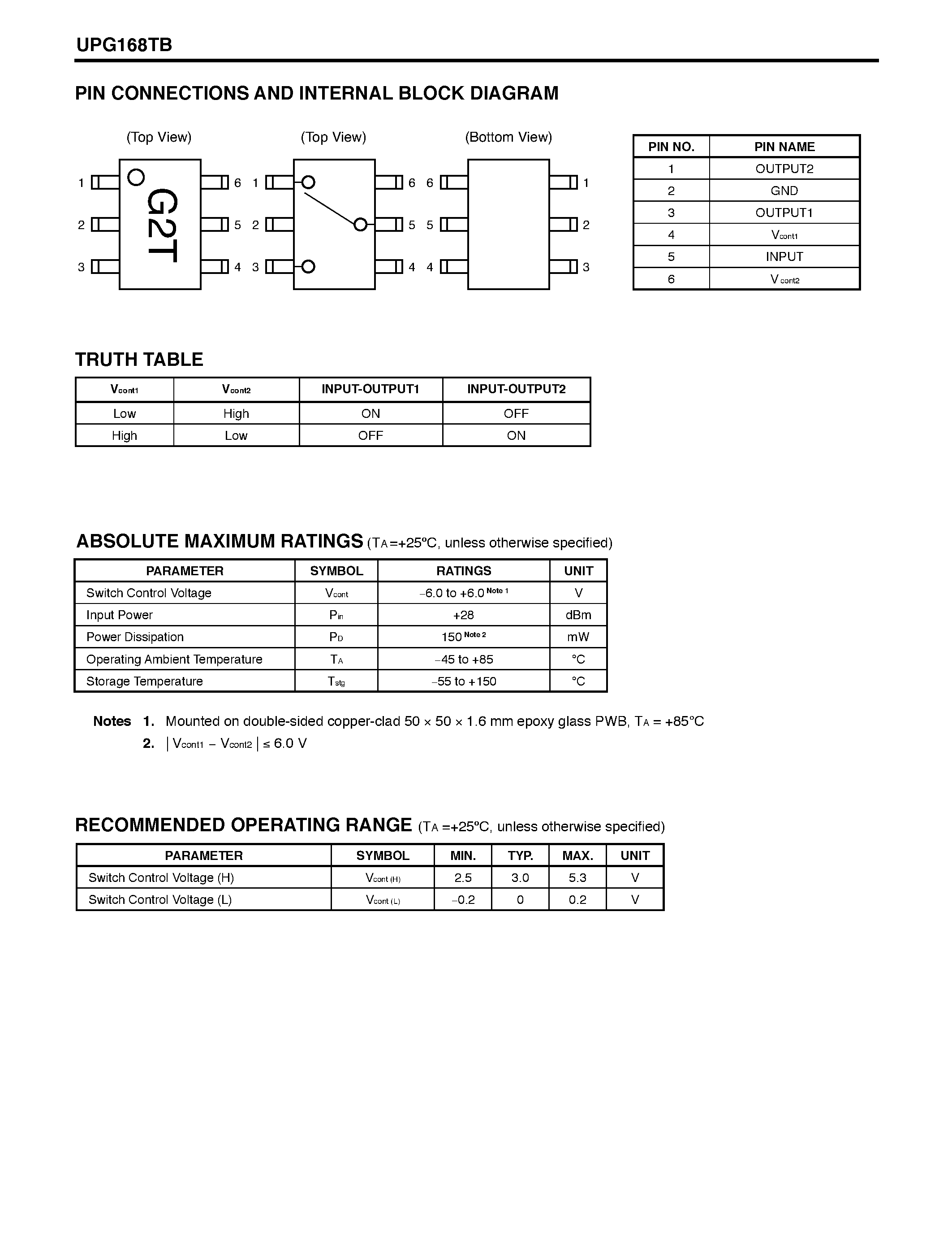 Datasheet UPG168TB - L / S-BAND SPDT SWITCH page 2