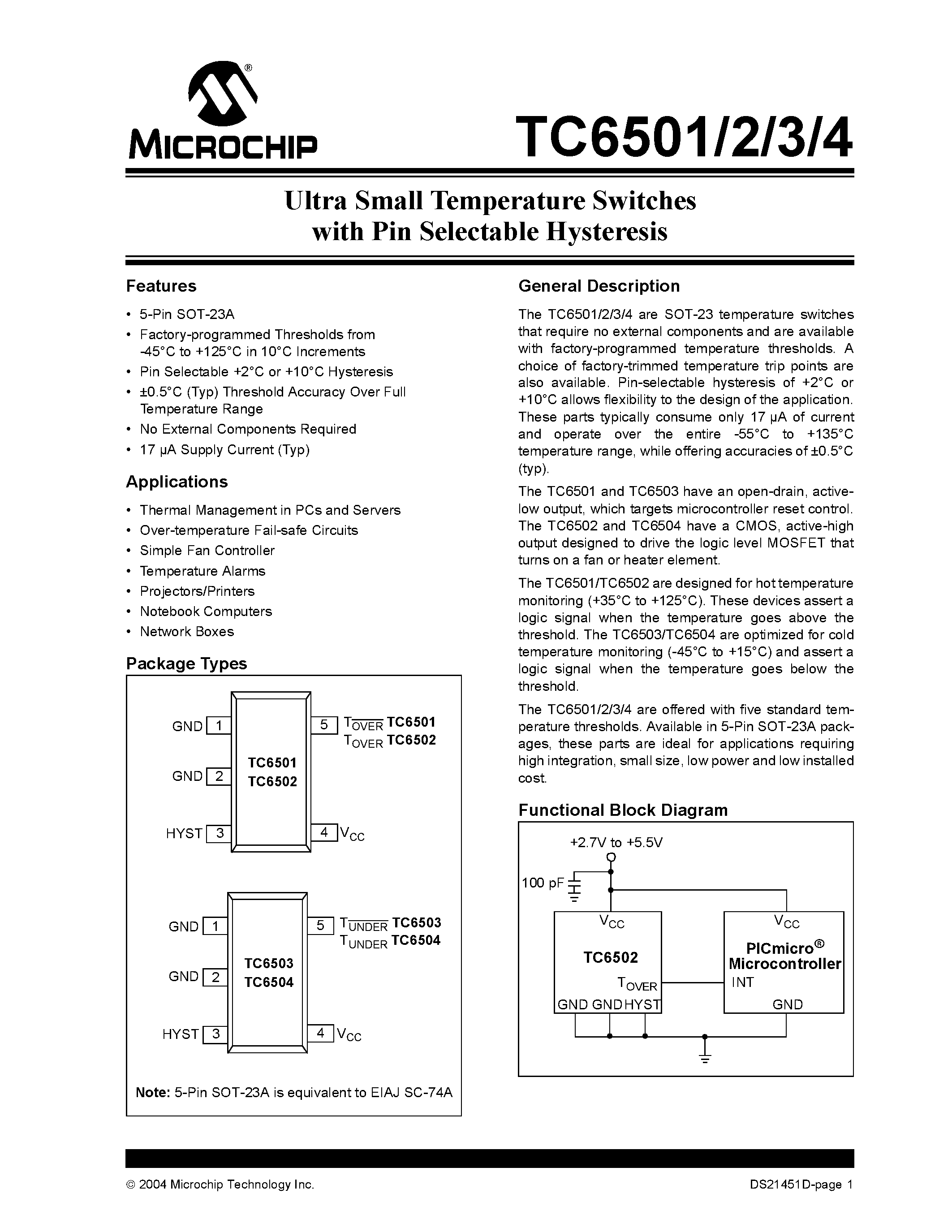 Datasheet TC6501 - (TC6501 - TC6504) Ultra Small Temperature Switches with Pin Selectable Hysteresis page 1