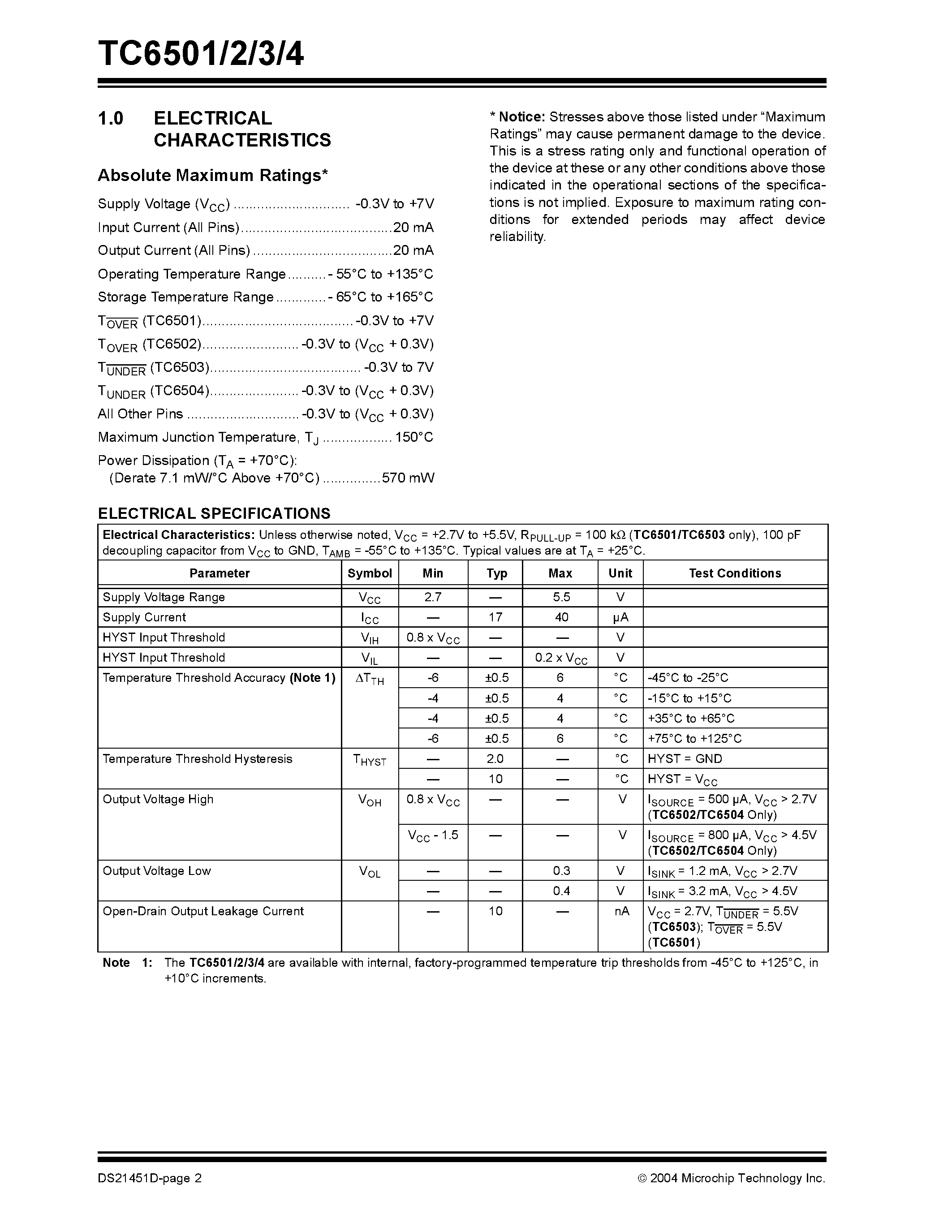 Datasheet TC6501 - (TC6501 - TC6504) Ultra Small Temperature Switches with Pin Selectable Hysteresis page 2