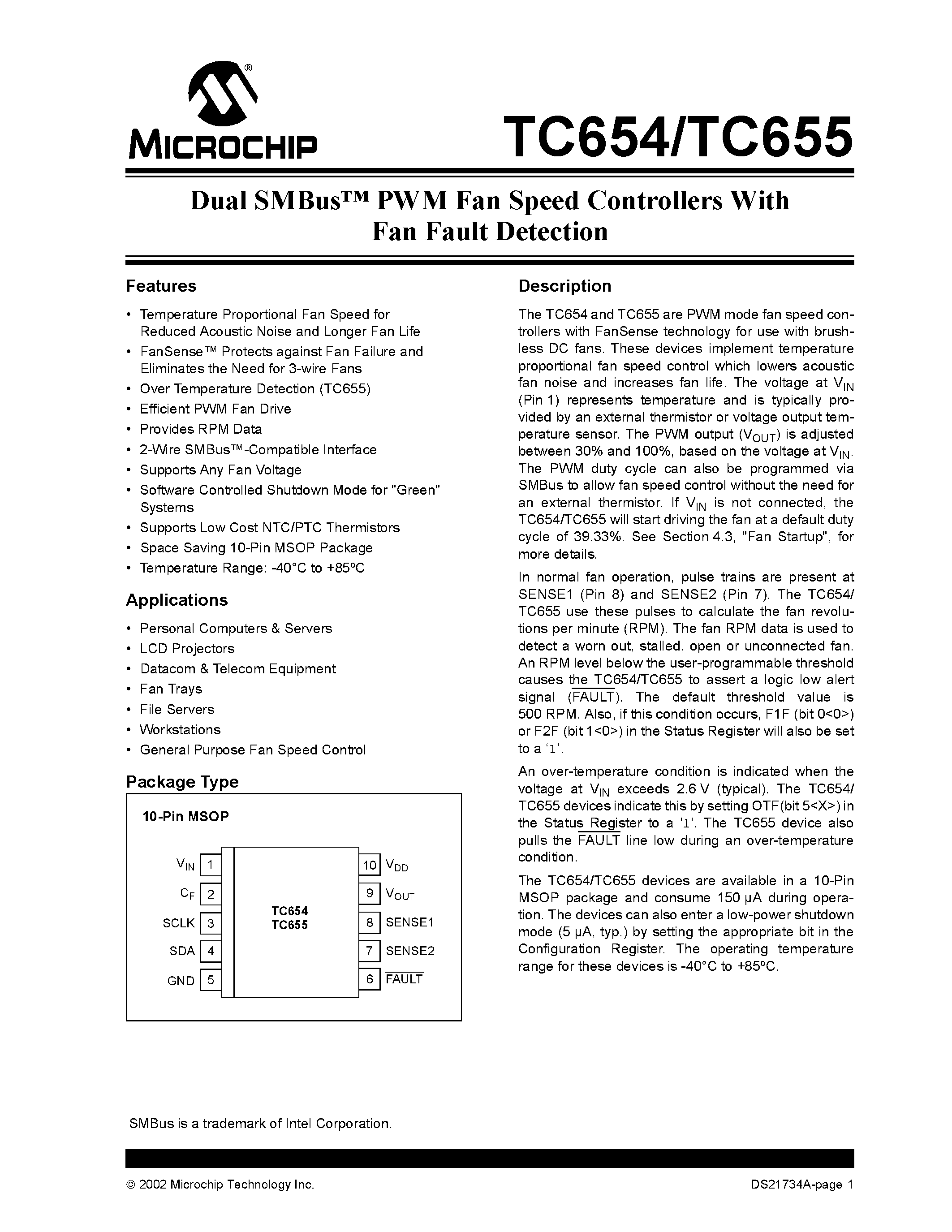 Даташит TC654 - (TC654 / TC655) PWM Fan Speed Controllers With Fan Fault Detection страница 1