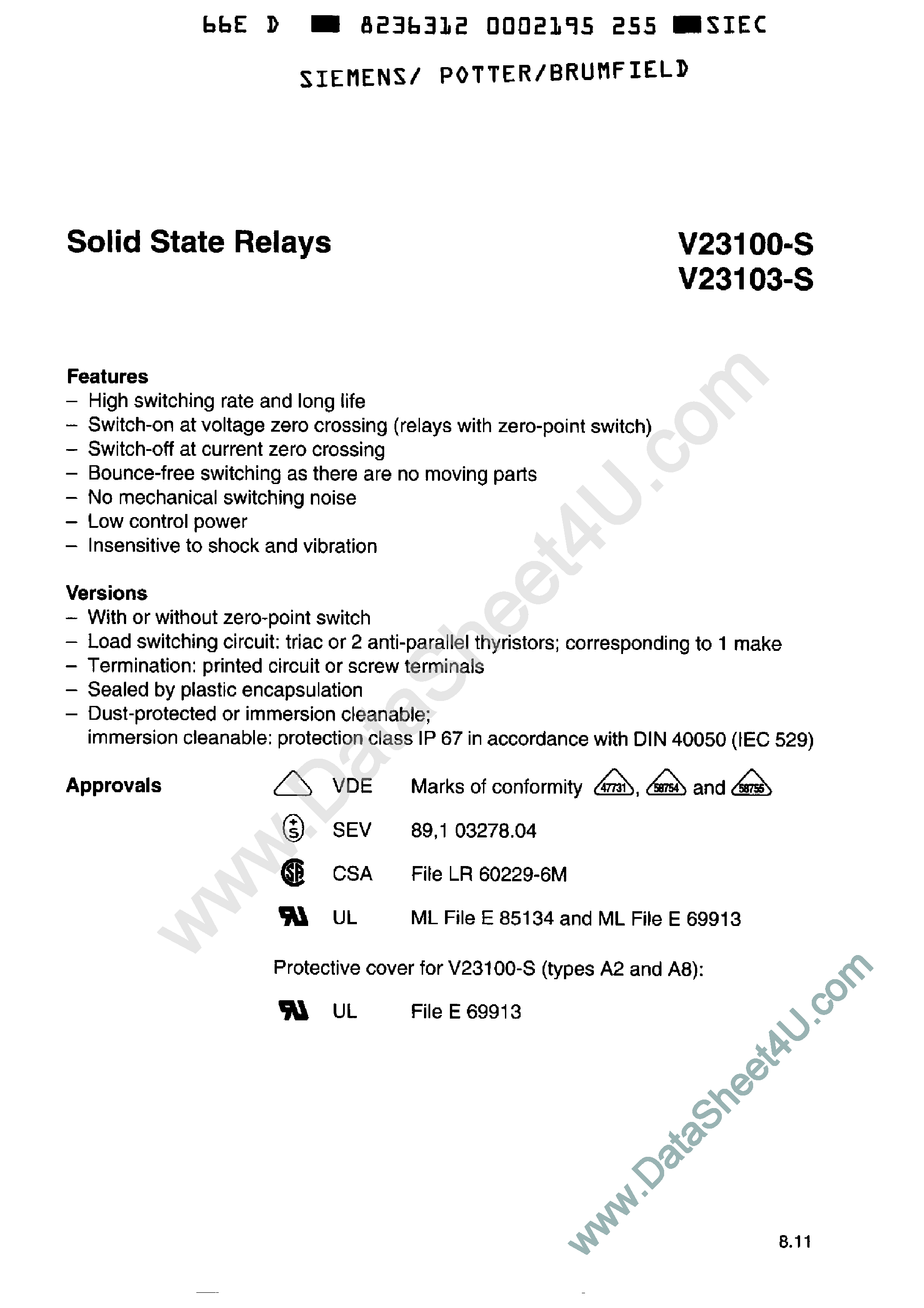 Даташит V23100-S - (V23100-S / V23103-S) SOLID STATE REPLAYS страница 1