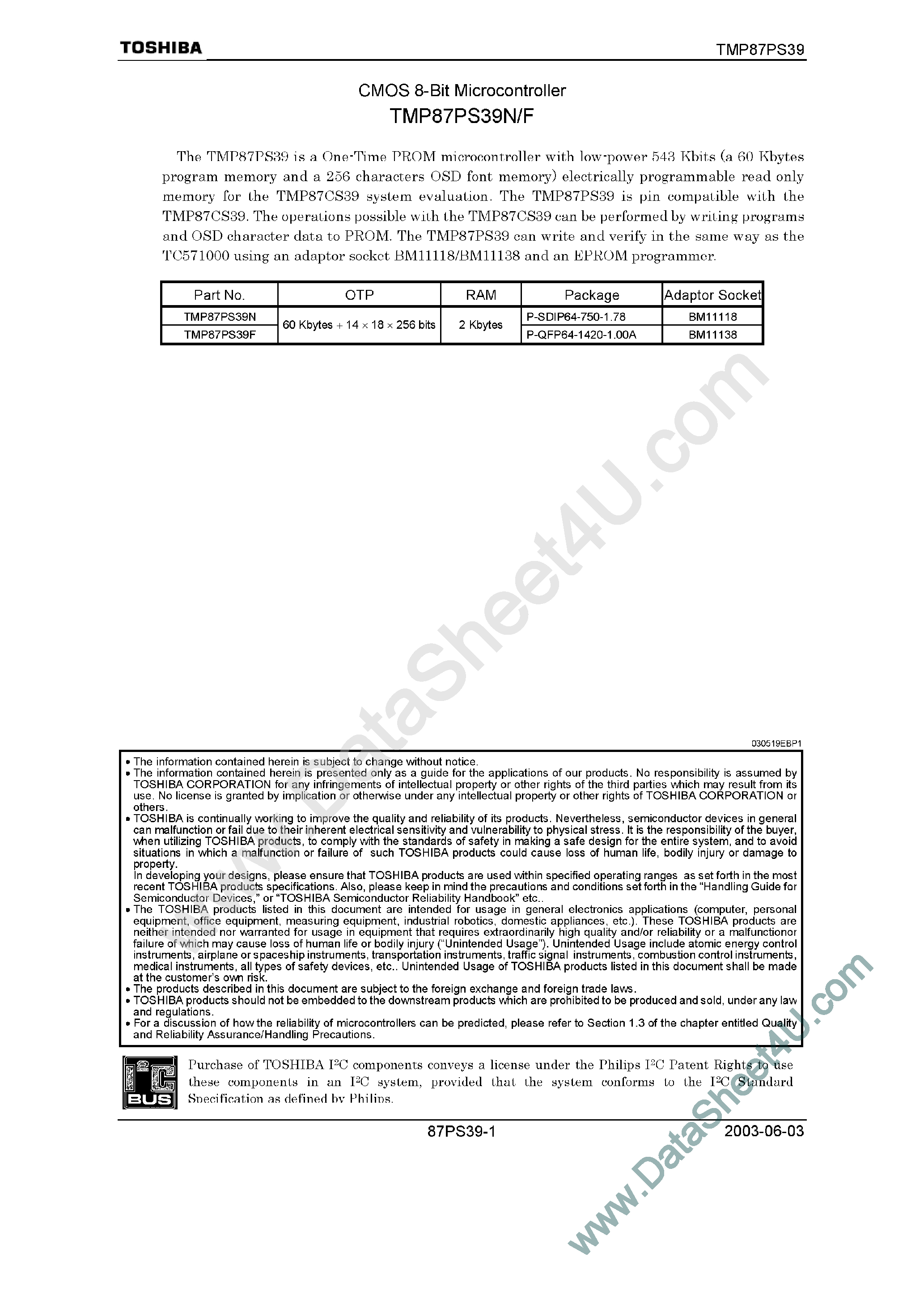 Datasheet TMP87PS39F - (TMP87PS39N/F) CMOS 8-Bit Microcontroller page 1