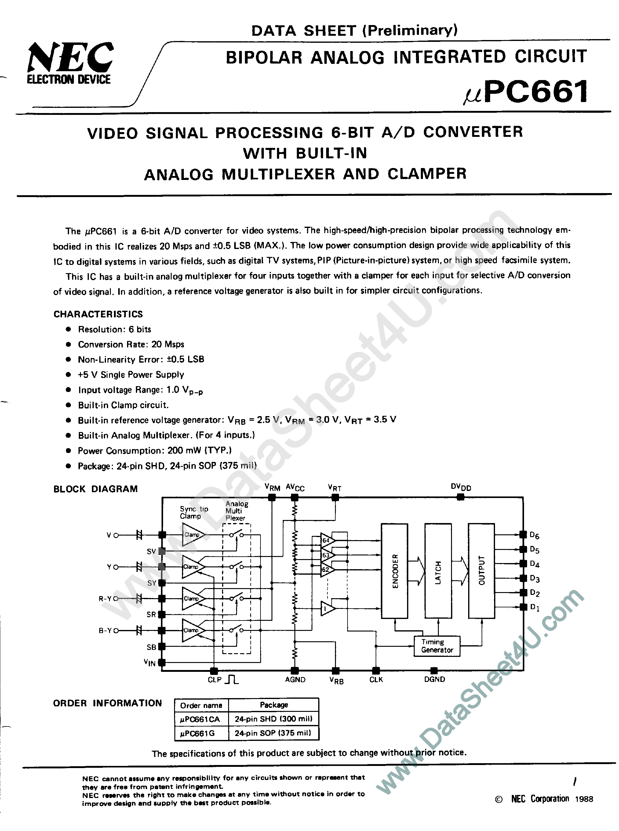 Даташит UPC661 - Video Signal Processing 6-Bit A/D Converter страница 1