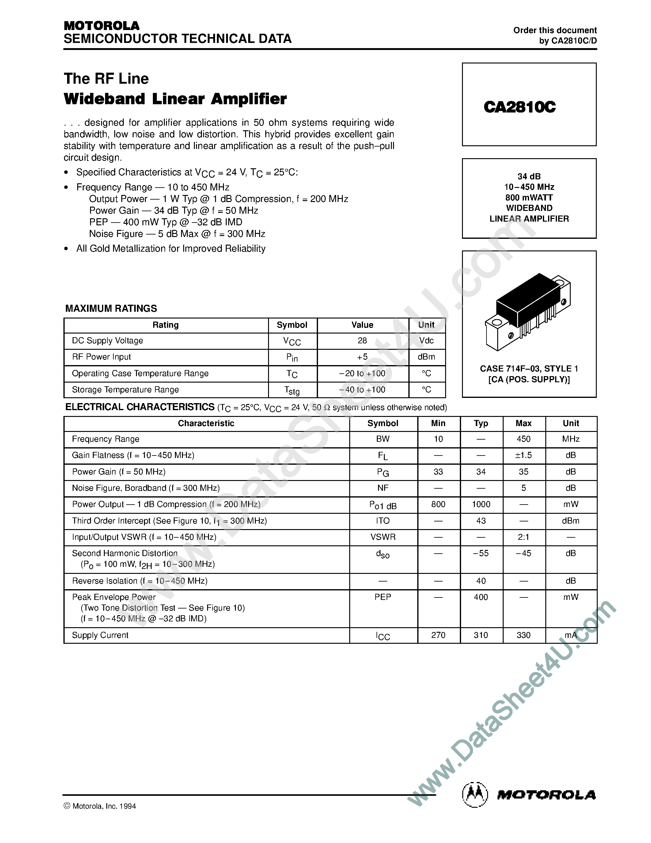Datasheet CA2810C - 34 dB 10-450 MHz 800 mWATT WIDEBAND LINEAR AMPLIFIER page 1