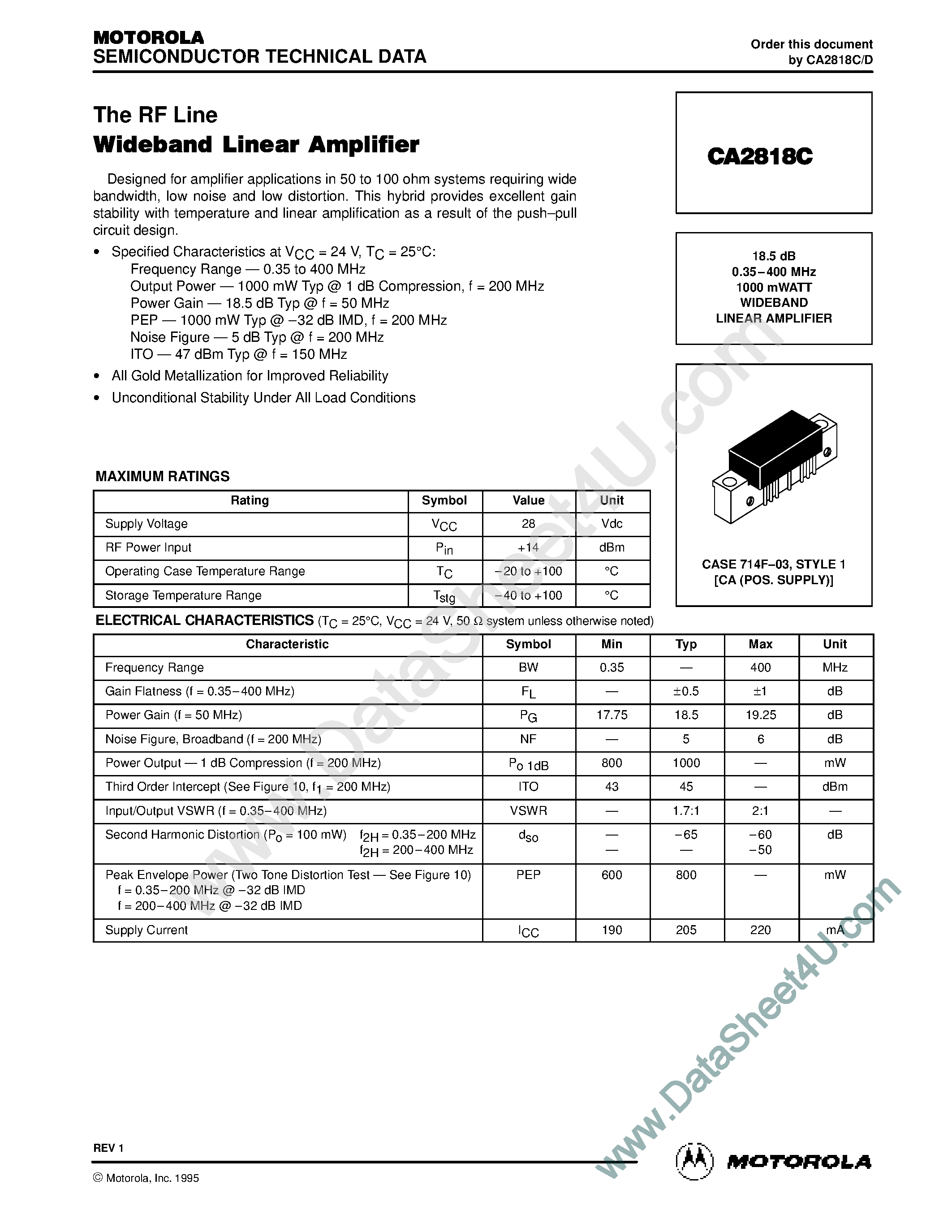Datasheet CA2818C - 18.5 dB 0.35-400 MHz 1000 mWATT WIDEBAND LINEAR AMPLIFIER page 1