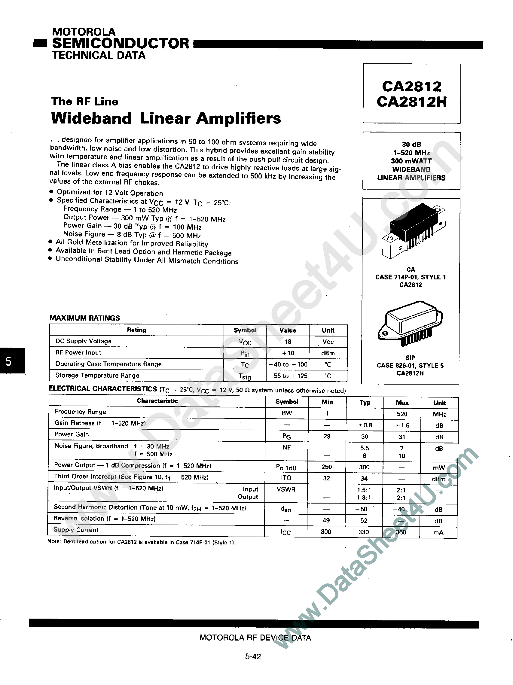 Datasheet CA2812 - Wideband Linear Amplifiers page 1